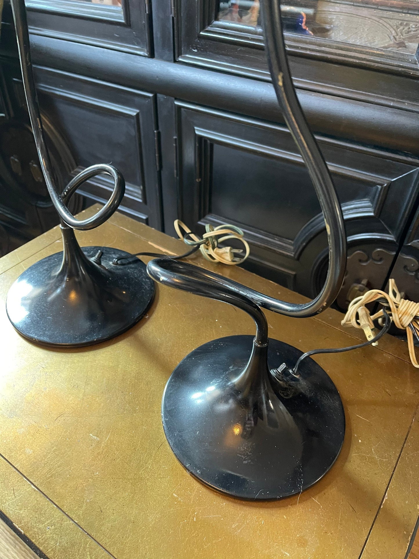 Pair of Black Squiggle Lamps with Cut Glass Globes Postmodern Memphis Chic