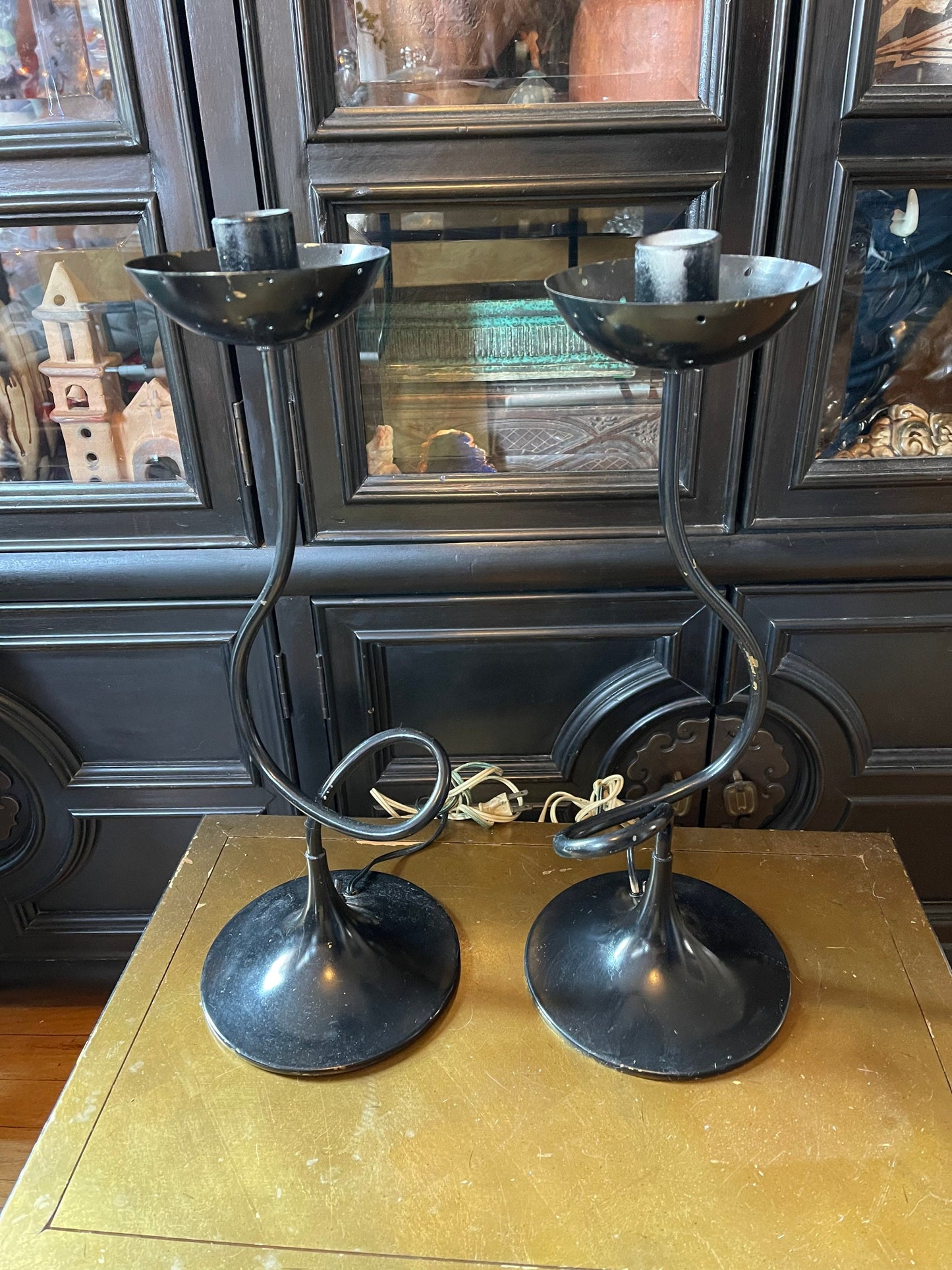 Pair of Black Squiggle Lamps with Cut Glass Globes Postmodern Memphis Chic