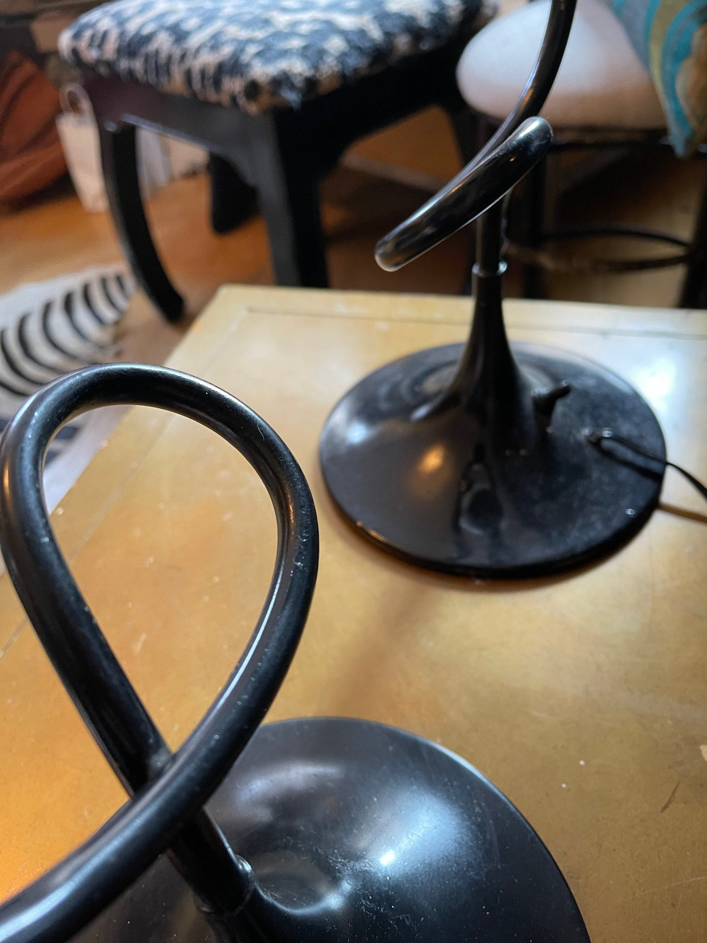 Pair of Black Squiggle Lamps with Cut Glass Globes Postmodern Memphis Chic