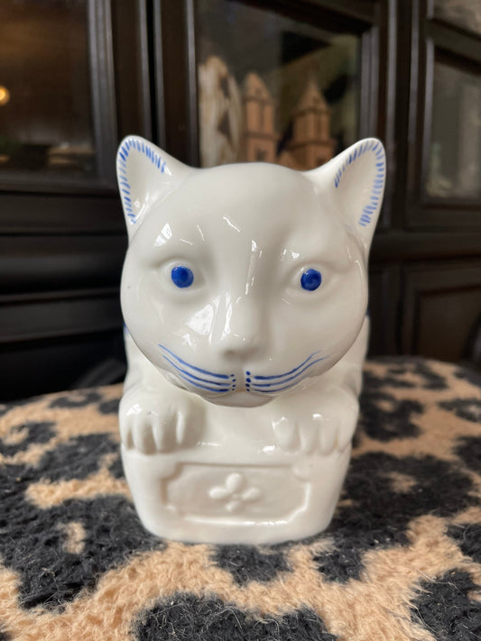 Vintage Chinoiserie Blue and White Ceramic 14” Cat