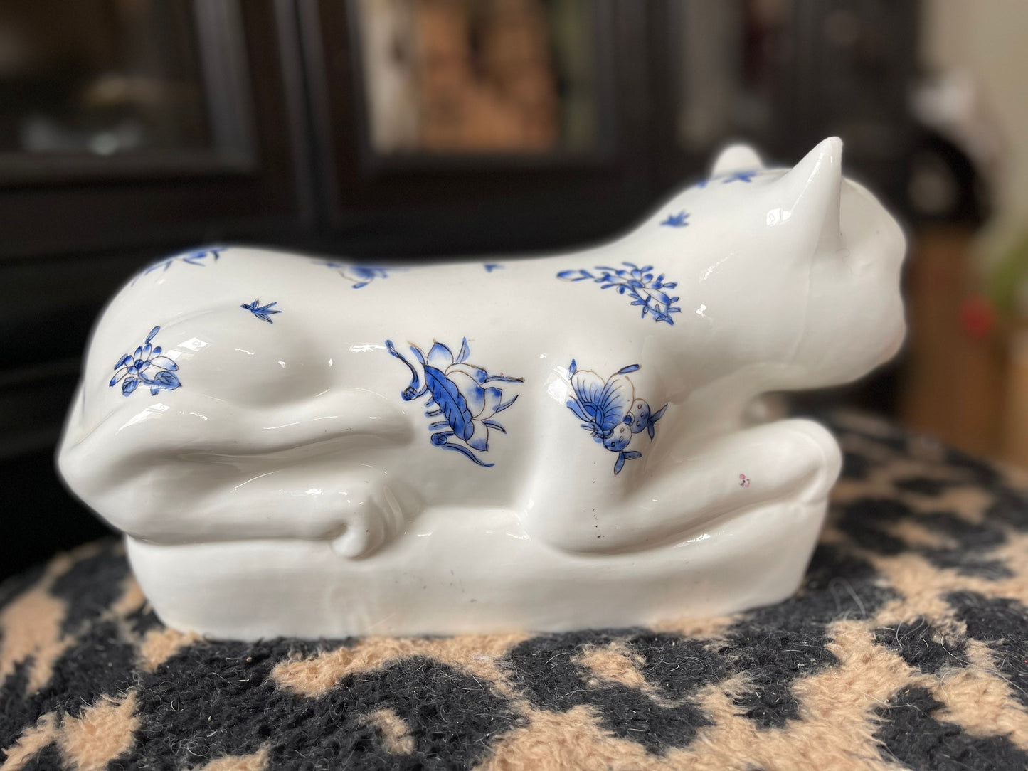 Vintage Chinoiserie Blue and White Ceramic 14” Cat