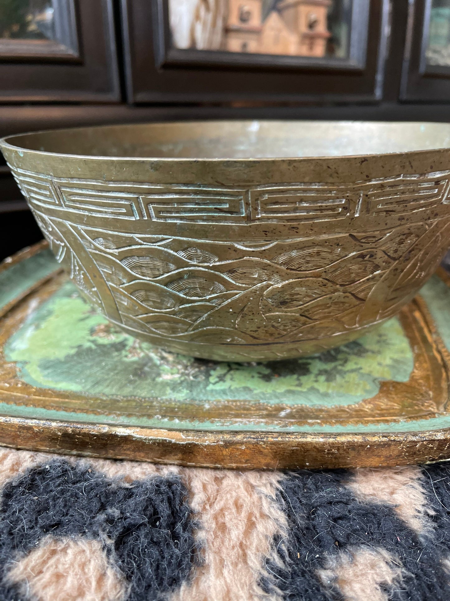 Antique Brass Etched Dragon 9” Bowl Chinoiserie Chinese