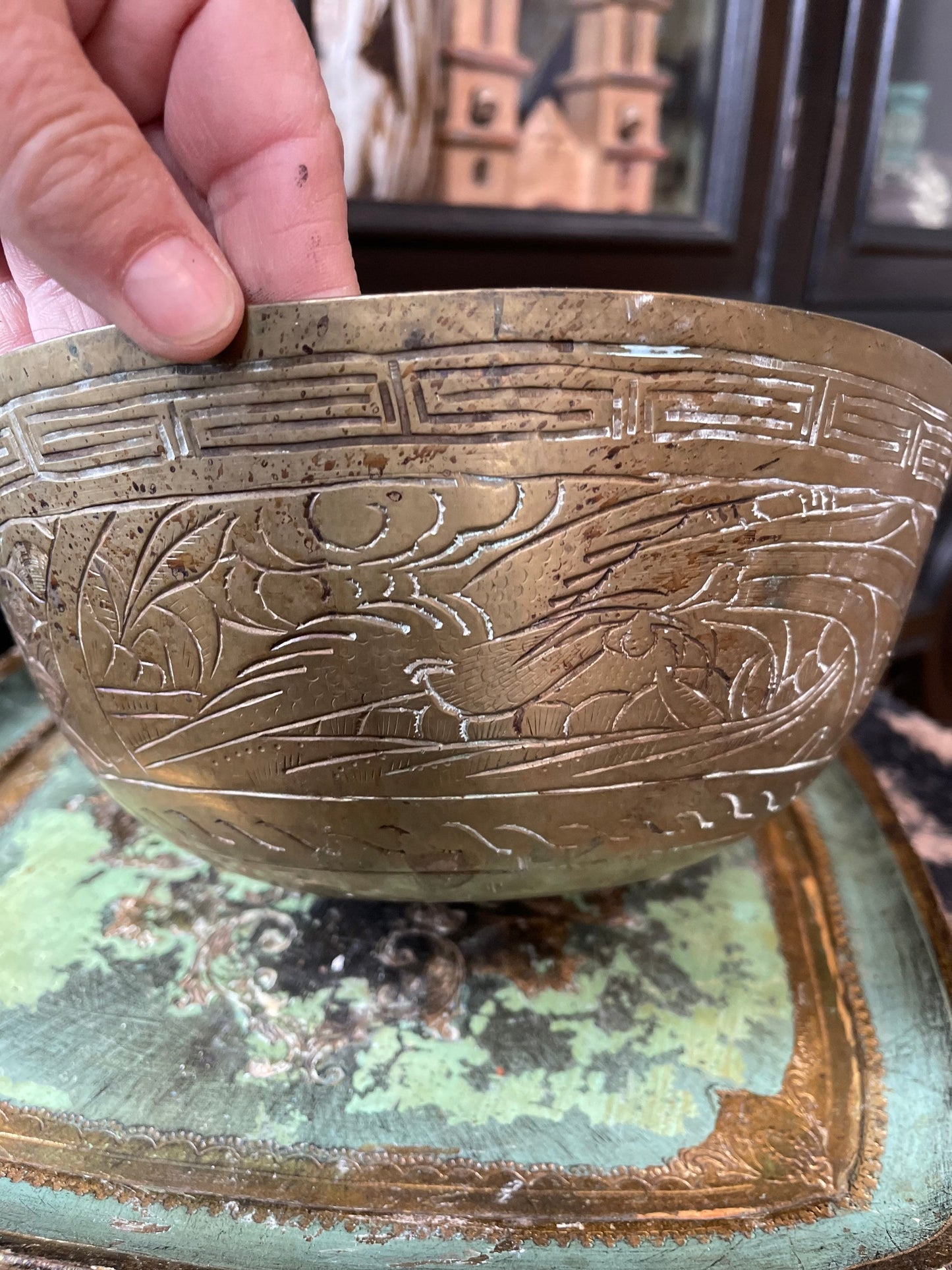 Antique Brass Etched Dragon 9” Bowl Chinoiserie Chinese