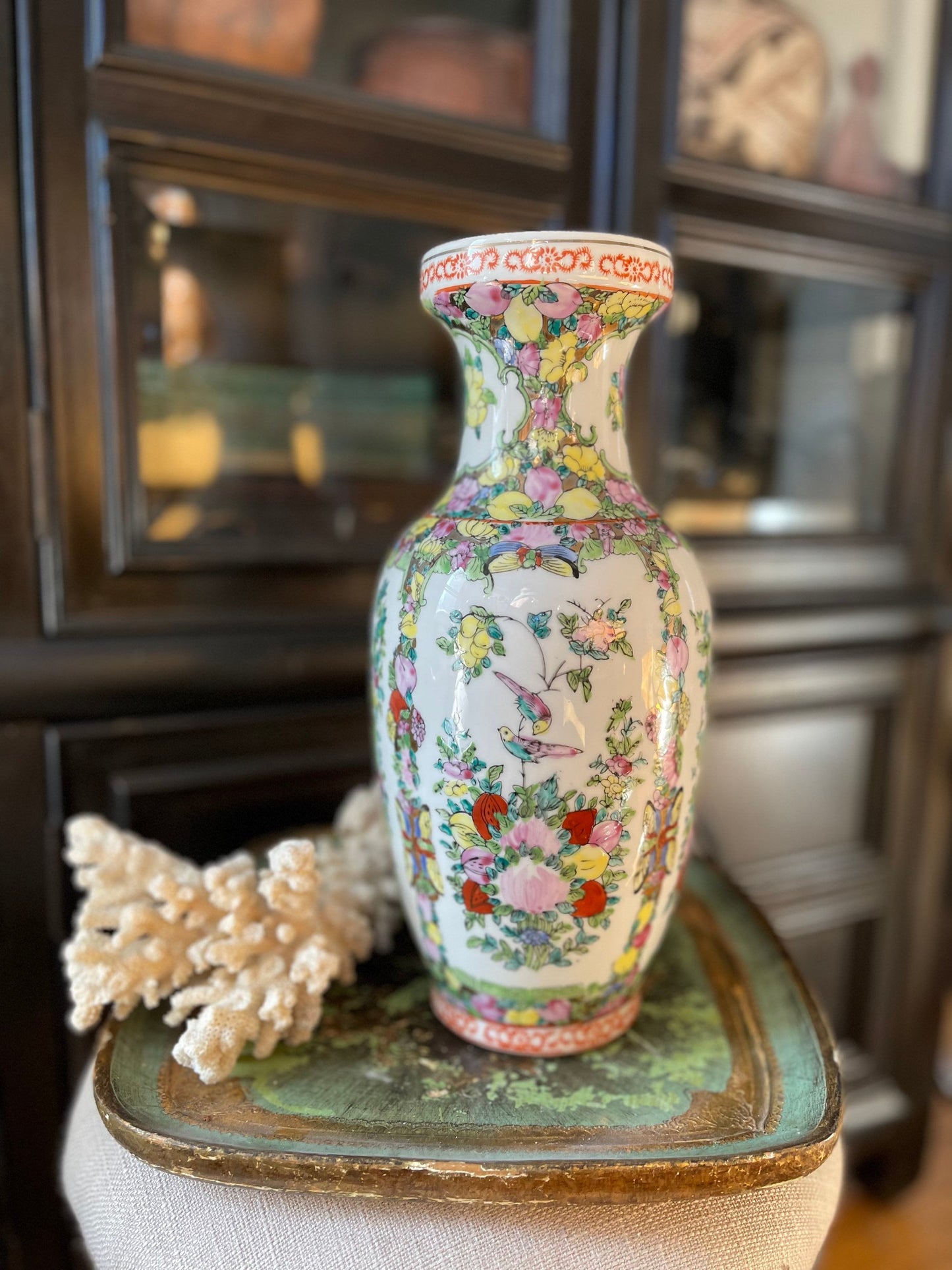 Vintage 12” Famille Rose Vase Chinoiserie Chinese Ceramic Ming Qing