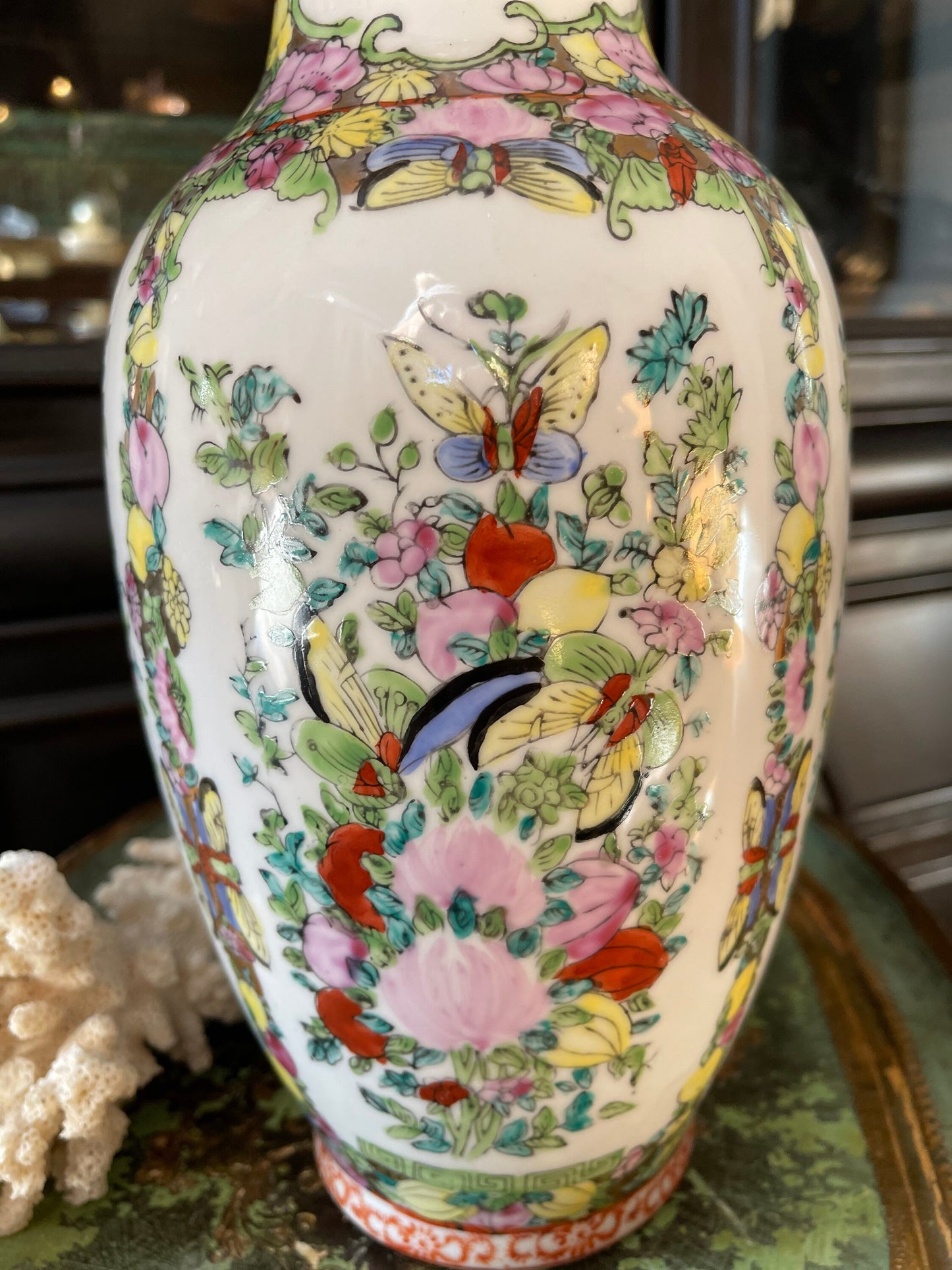 Vintage 12” Famille Rose Vase Chinoiserie Chinese Ceramic Ming Qing