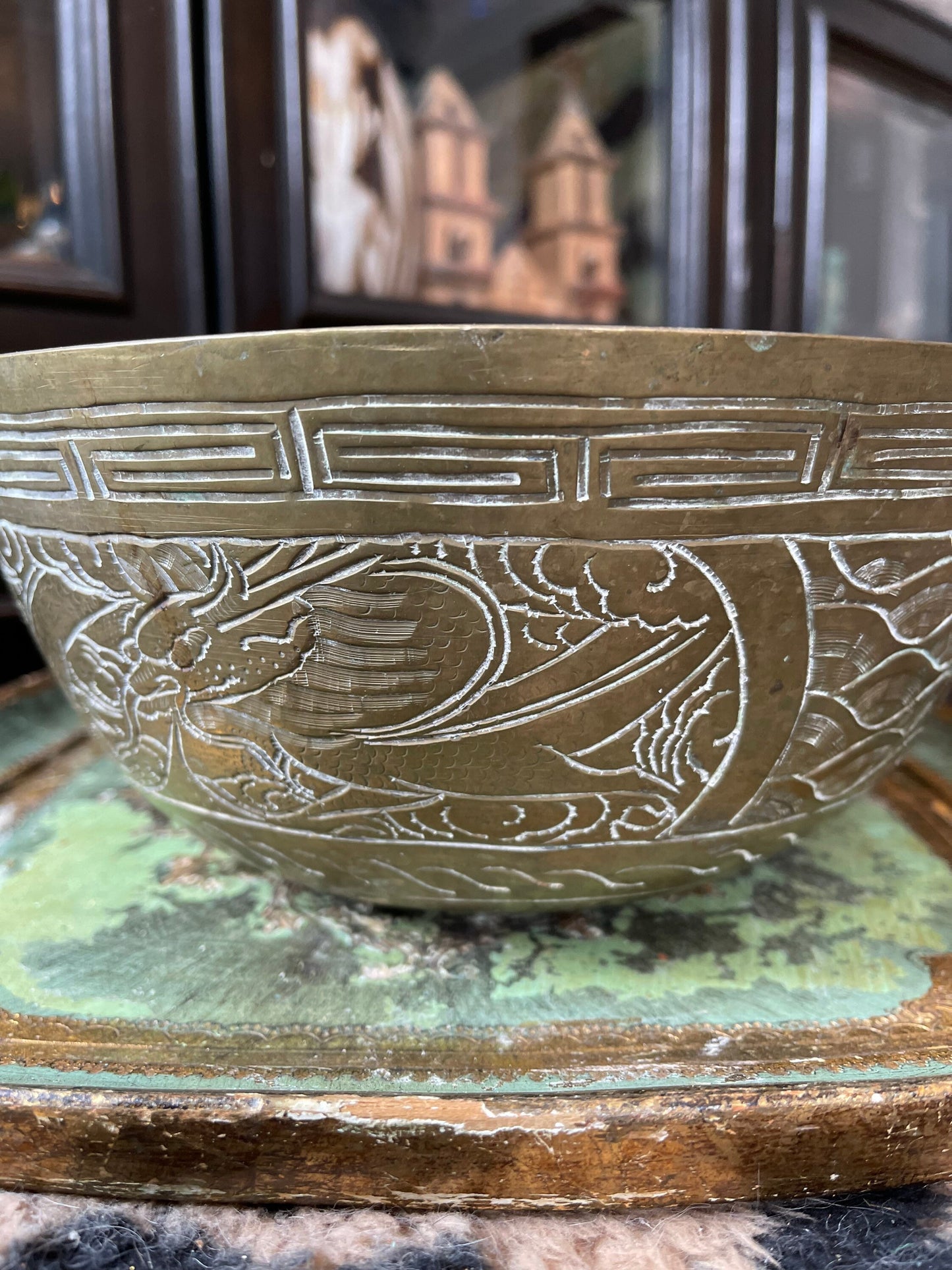 Antique Brass Etched Dragon 9” Bowl Chinoiserie Chinese