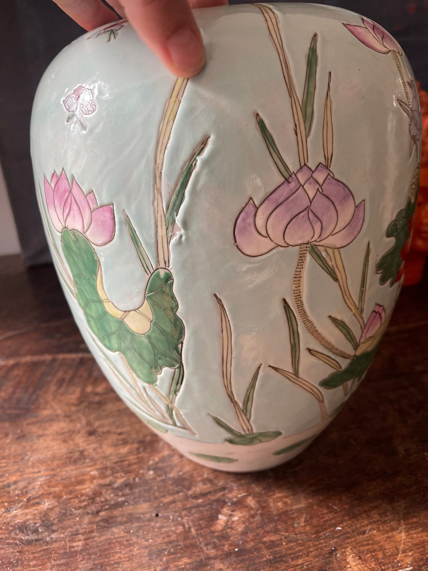 Vintage Aqua 10.75” Lotus and Lilypad Chinoiserie Vase 1980s Chinese Ceramic