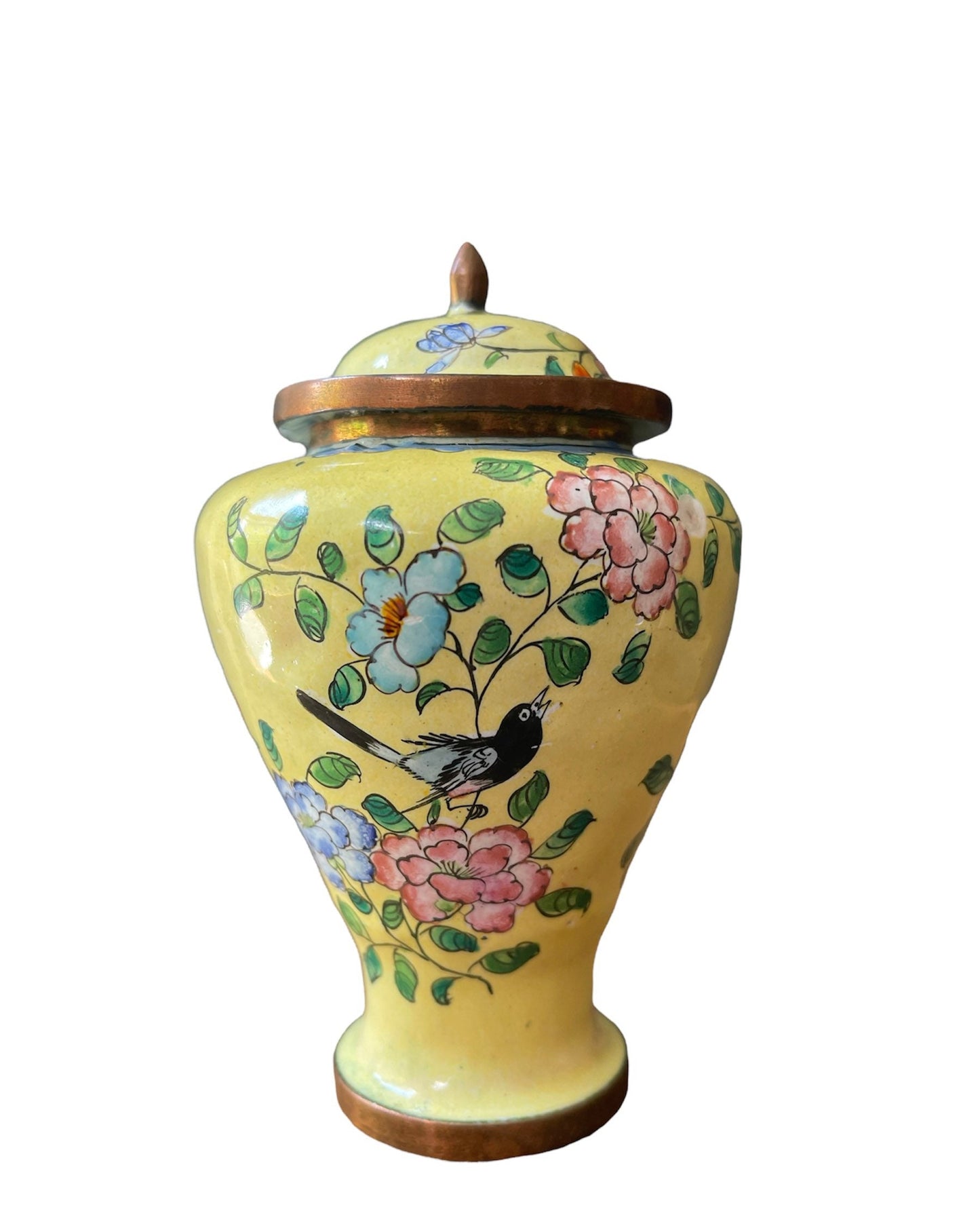 Antique Chinese Yellow Enamel 4.25” Ginger Jar Chinoiserie Enamelware Asian Chic