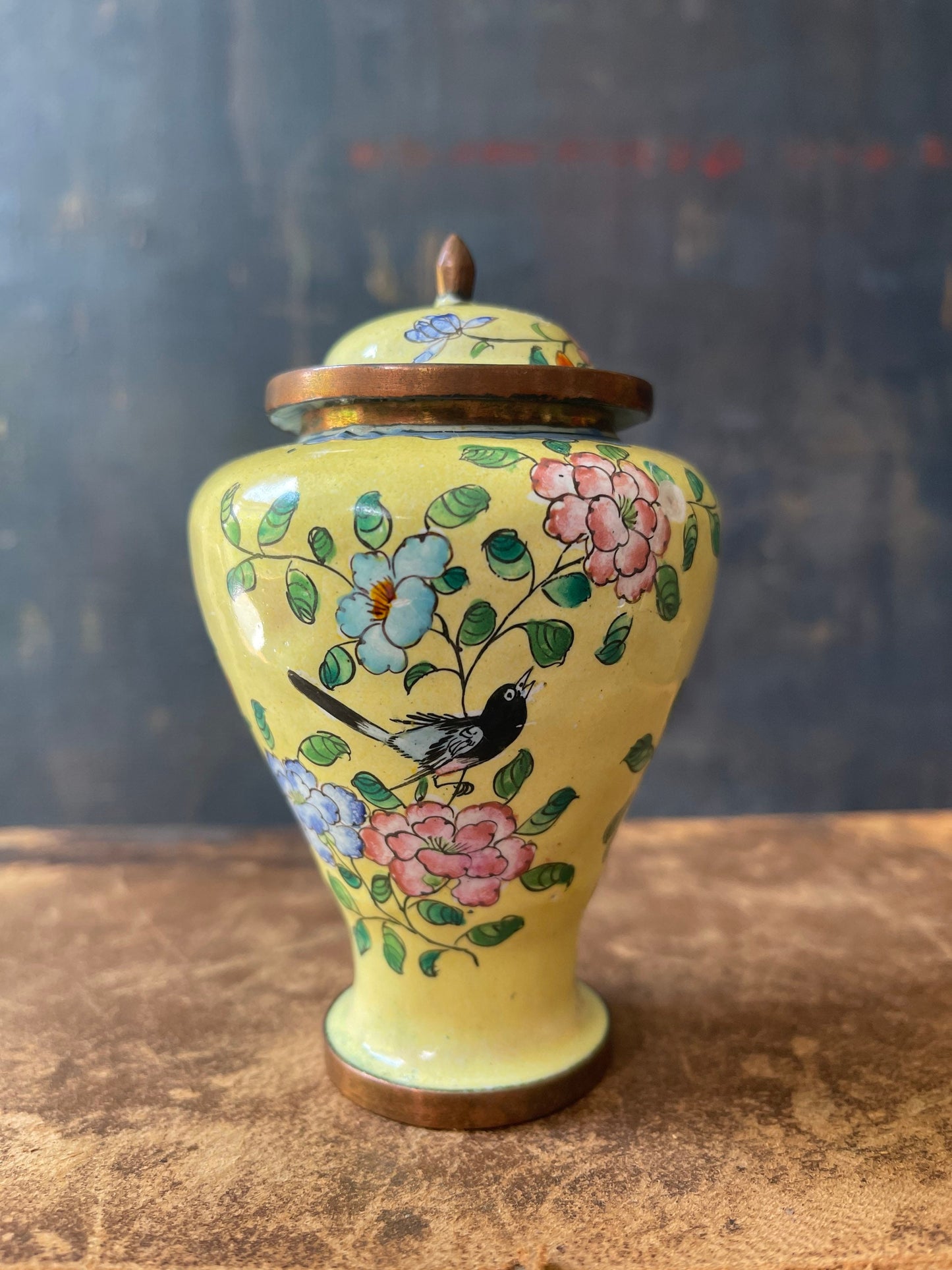 Antique Chinese Yellow Enamel 4.25” Ginger Jar Chinoiserie Enamelware Asian Chic