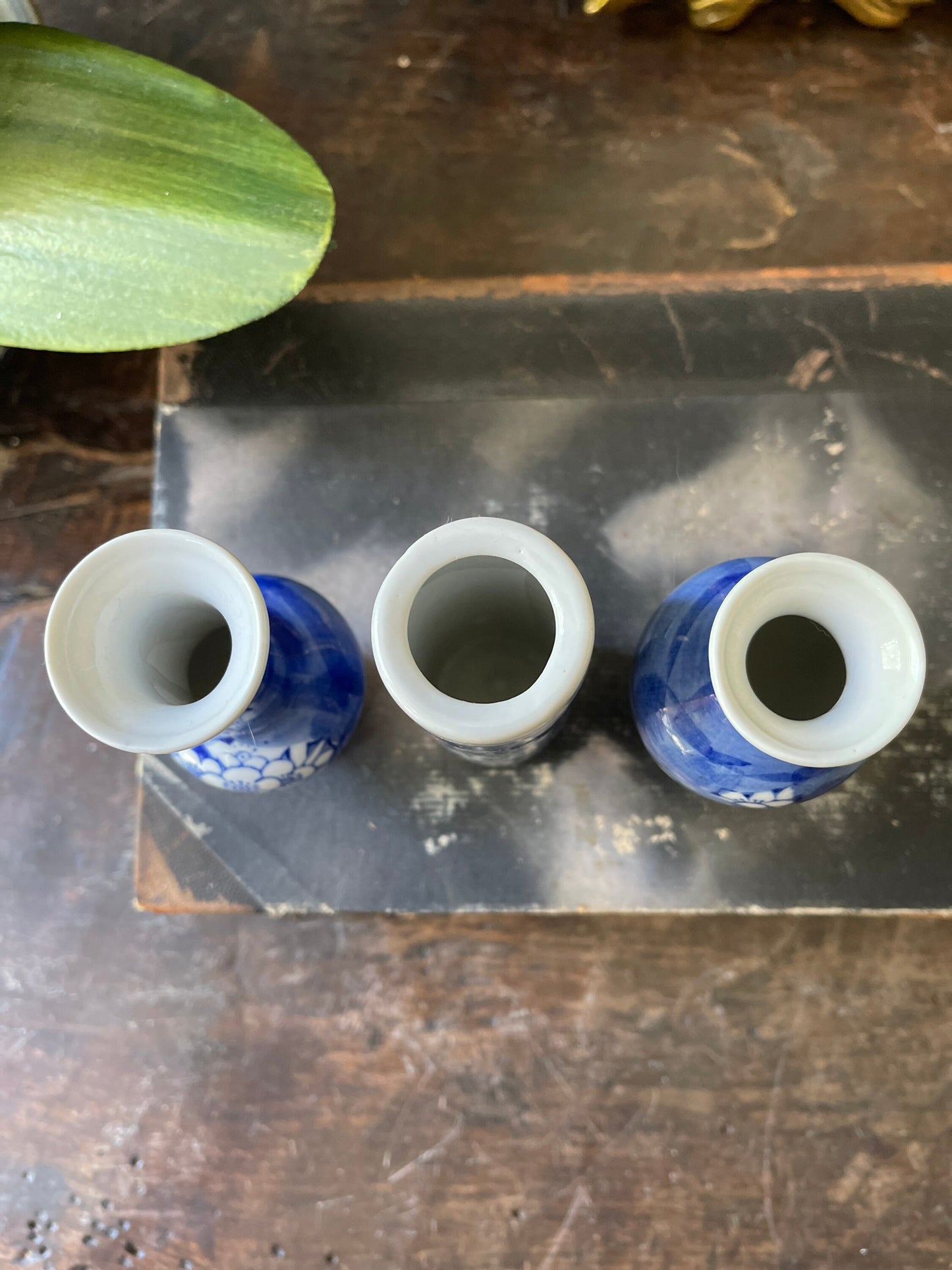 Set of Three (3) Small 4” Blue and White Cherry Blossom Vases Mantel Decor Asian Chic