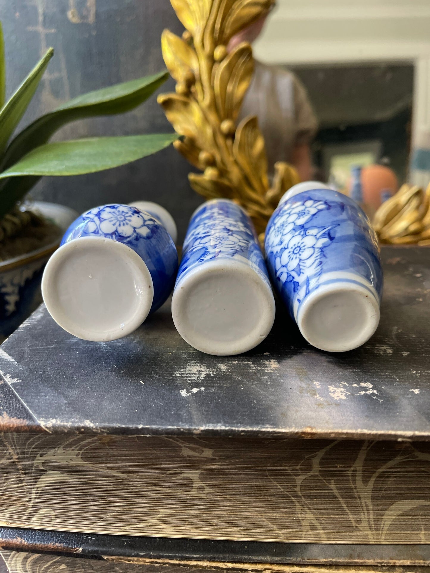 Set of Three (3) Small 4” Blue and White Cherry Blossom Vases Mantel Decor Asian Chic