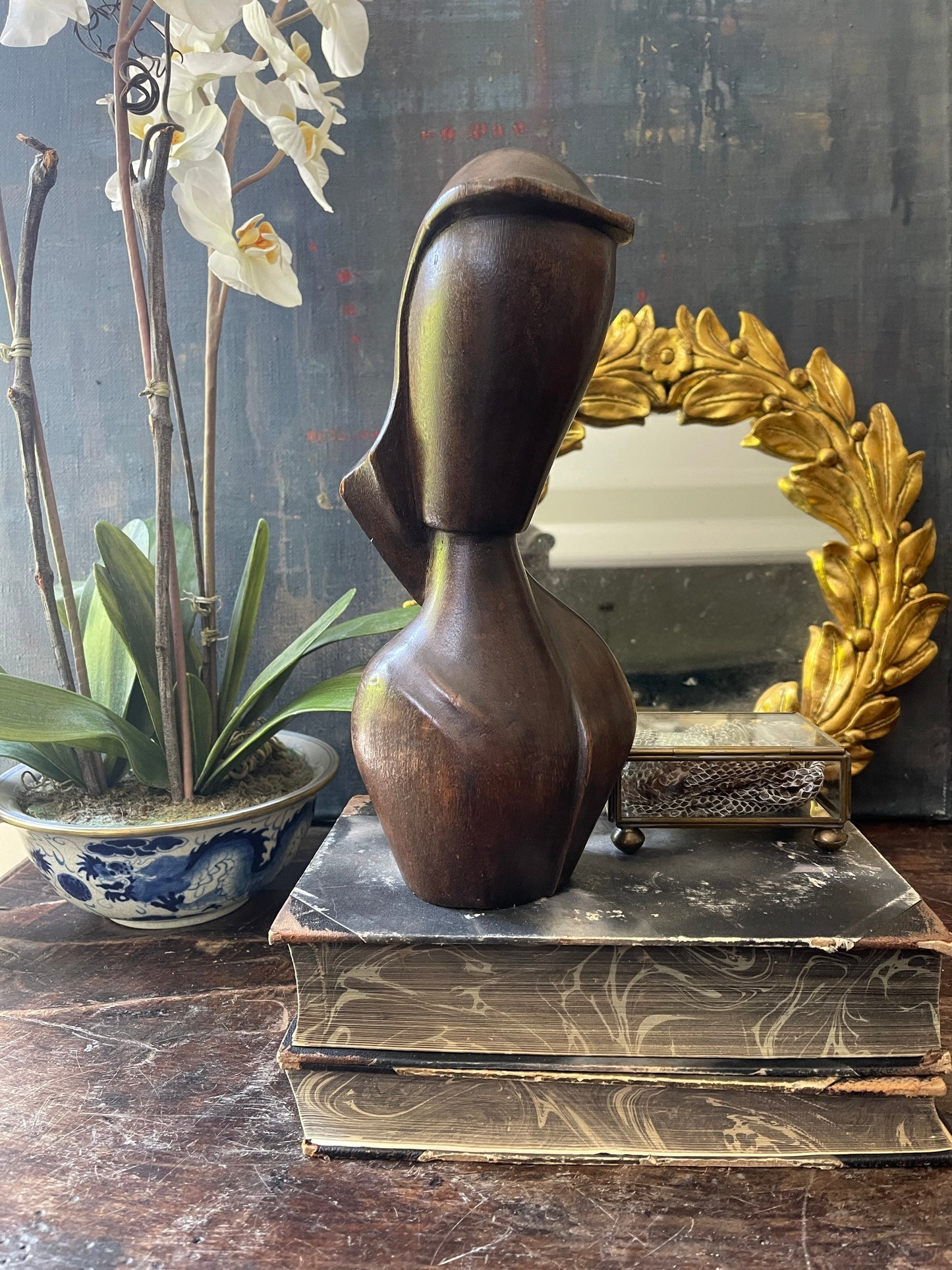 Signed Carved Wood Bust from Haiti Postmodern Decor