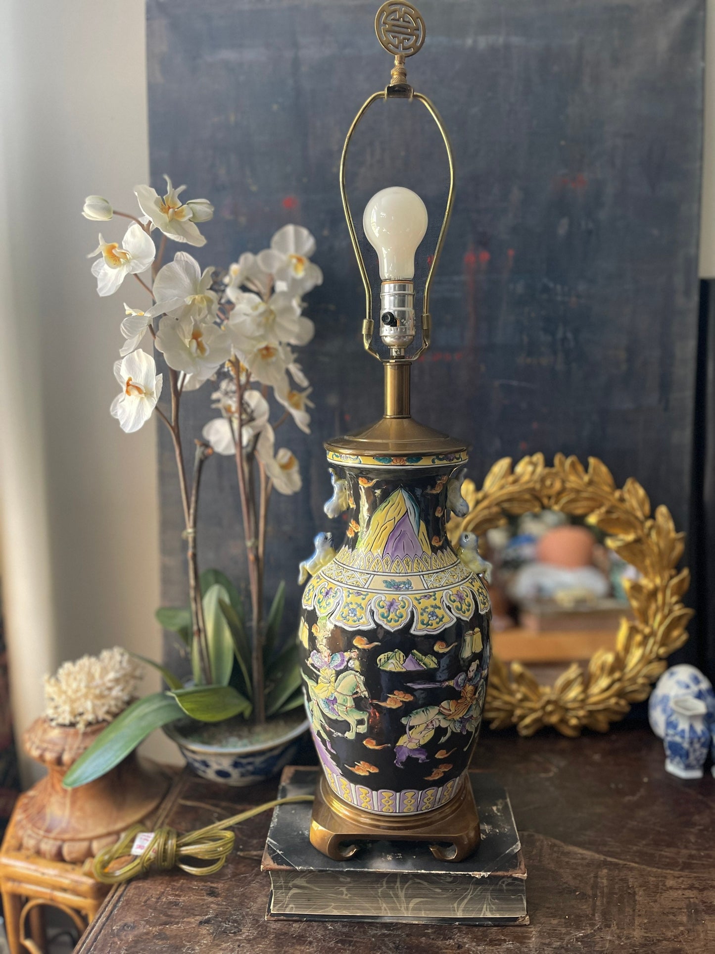 Vintage Famille Noir Asian Table Lamp with Warriors