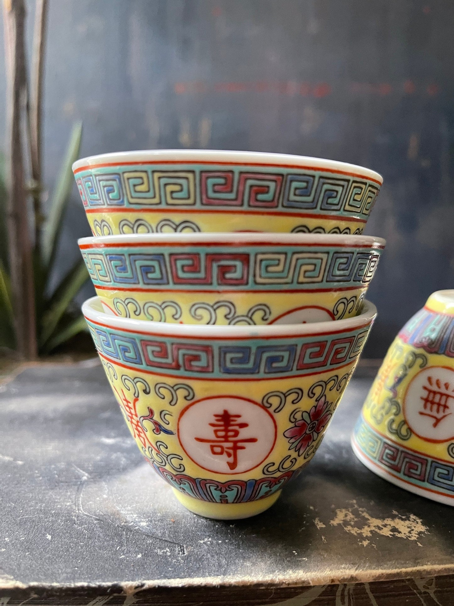 Set of Four (4) Yellow Chinoiserie Sake Cups Chinese Symbols Cheers!