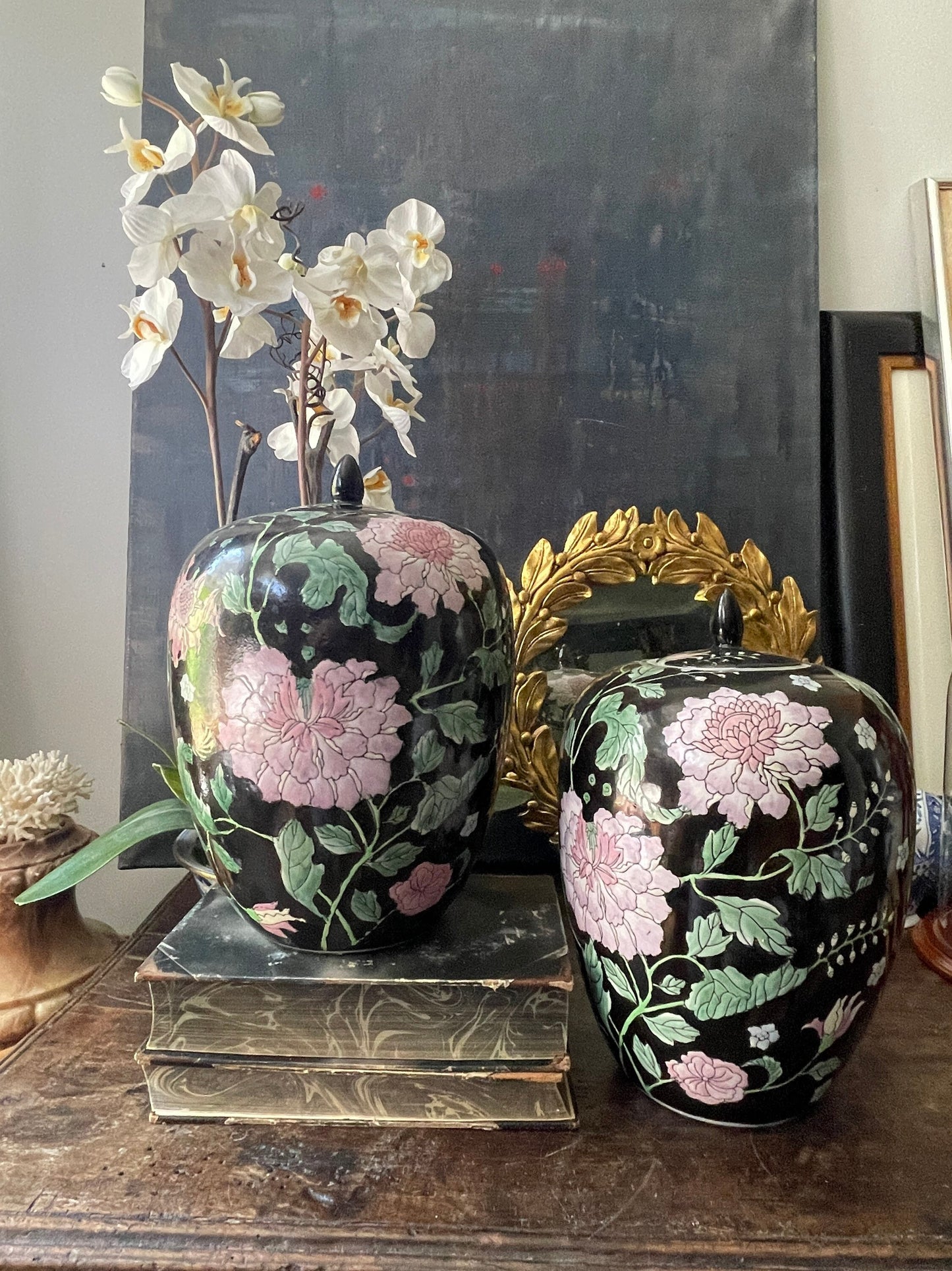 Pair of Black Asian Temple Jars Famille Noir 1980s