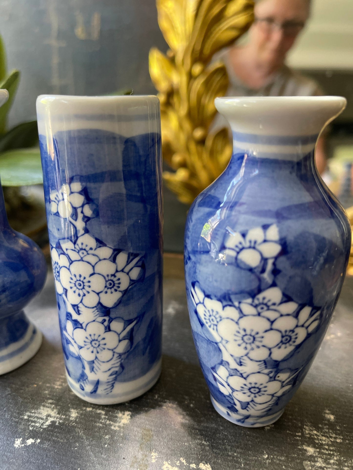 Set of Three (3) Small 4” Blue and White Cherry Blossom Vases Mantel Decor Asian Chic