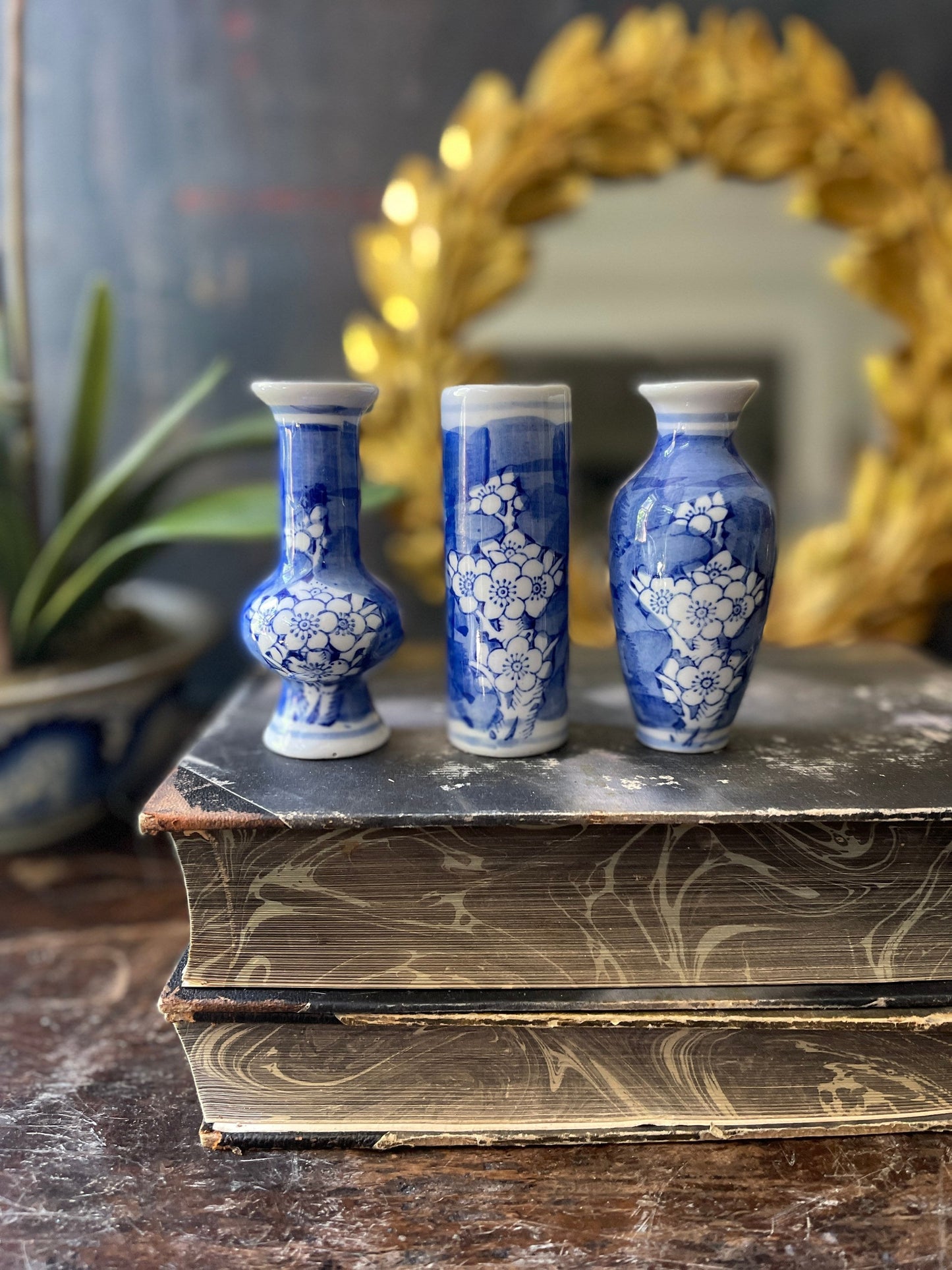 Set of Three (3) Small 4” Blue and White Cherry Blossom Vases Mantel Decor Asian Chic