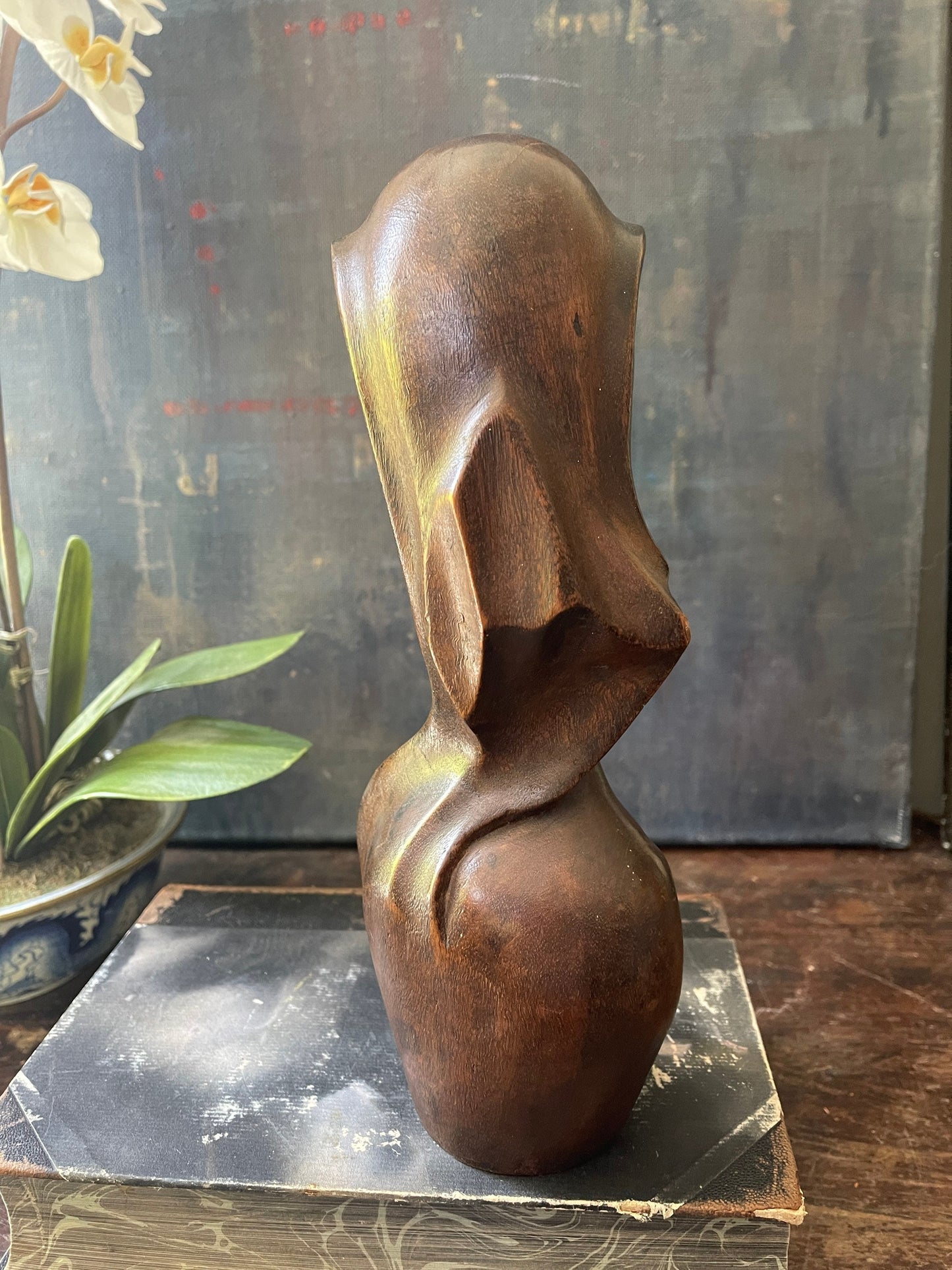 Signed Carved Wood Bust from Haiti Postmodern Decor