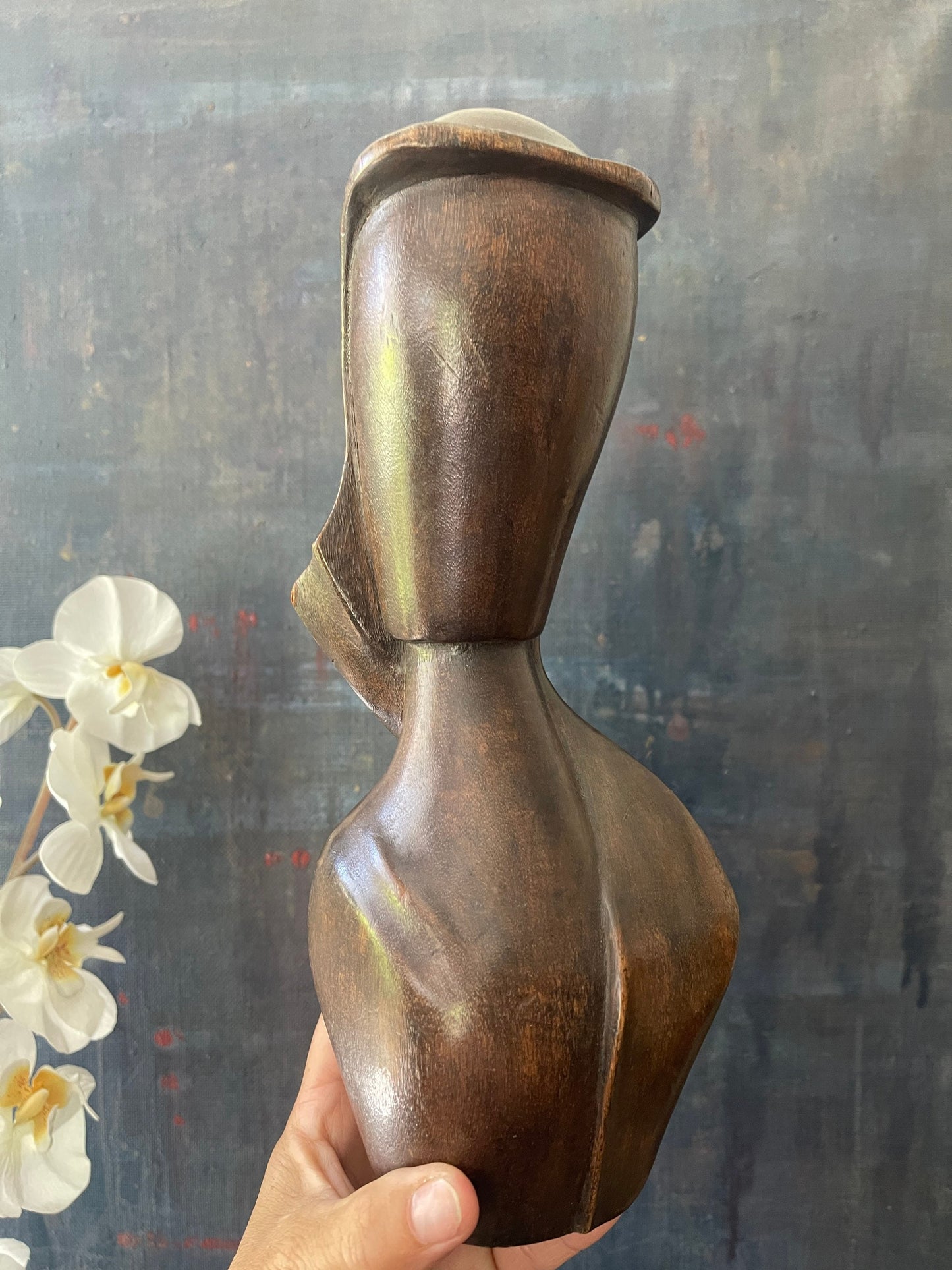 Signed Carved Wood Bust from Haiti Postmodern Decor