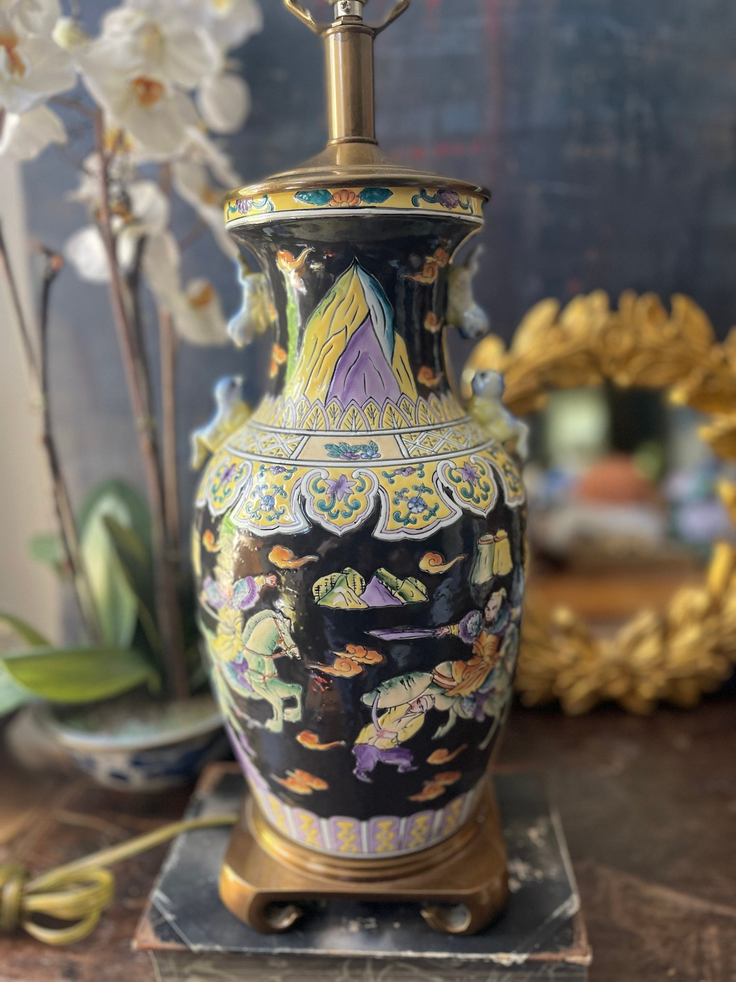 Vintage Famille Noir Asian Table Lamp with Warriors