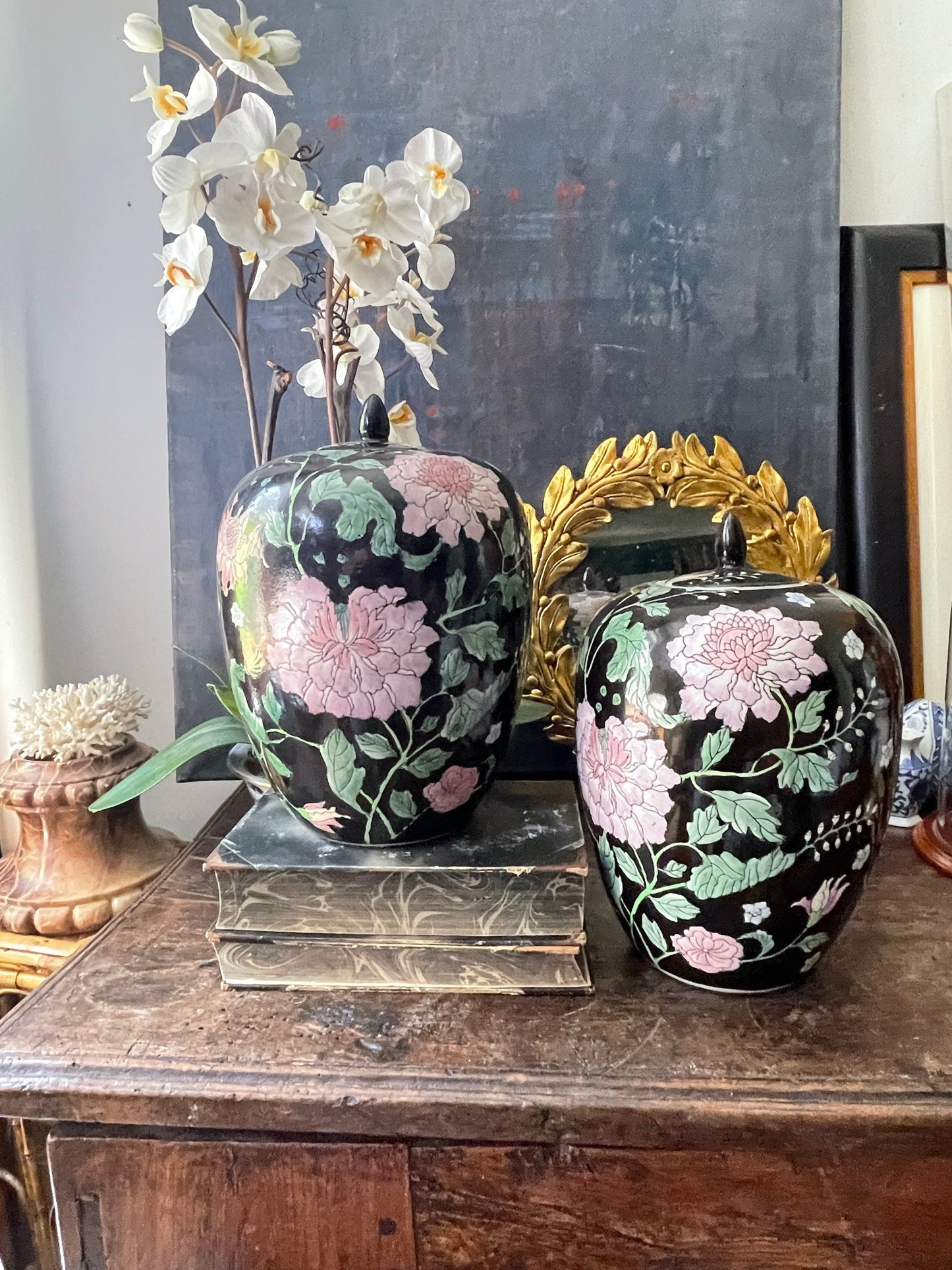 Pair of Black Asian Temple Jars Famille Noir 1980s