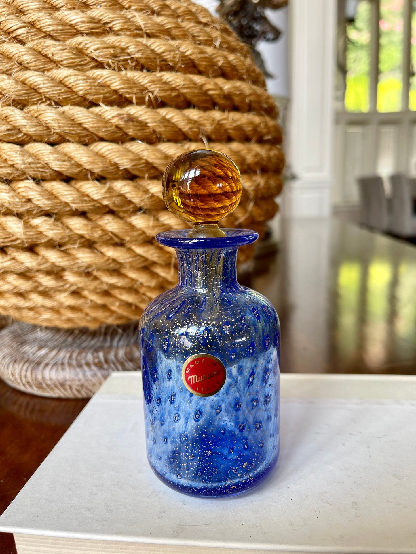 Vintage Blue Gold Speckled Murano Glass Decanter Bottle Italian Glass Art