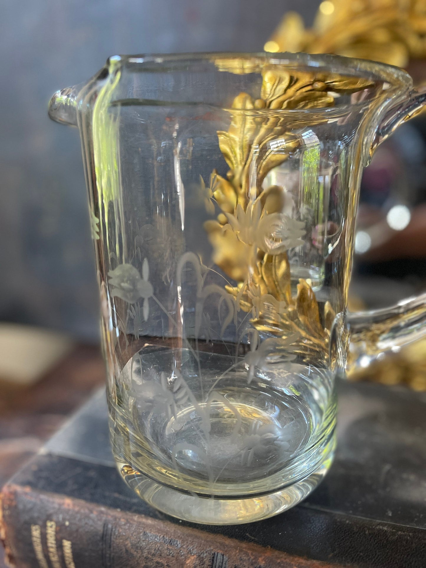 Vintage Handblown Glass Etched Pitcher