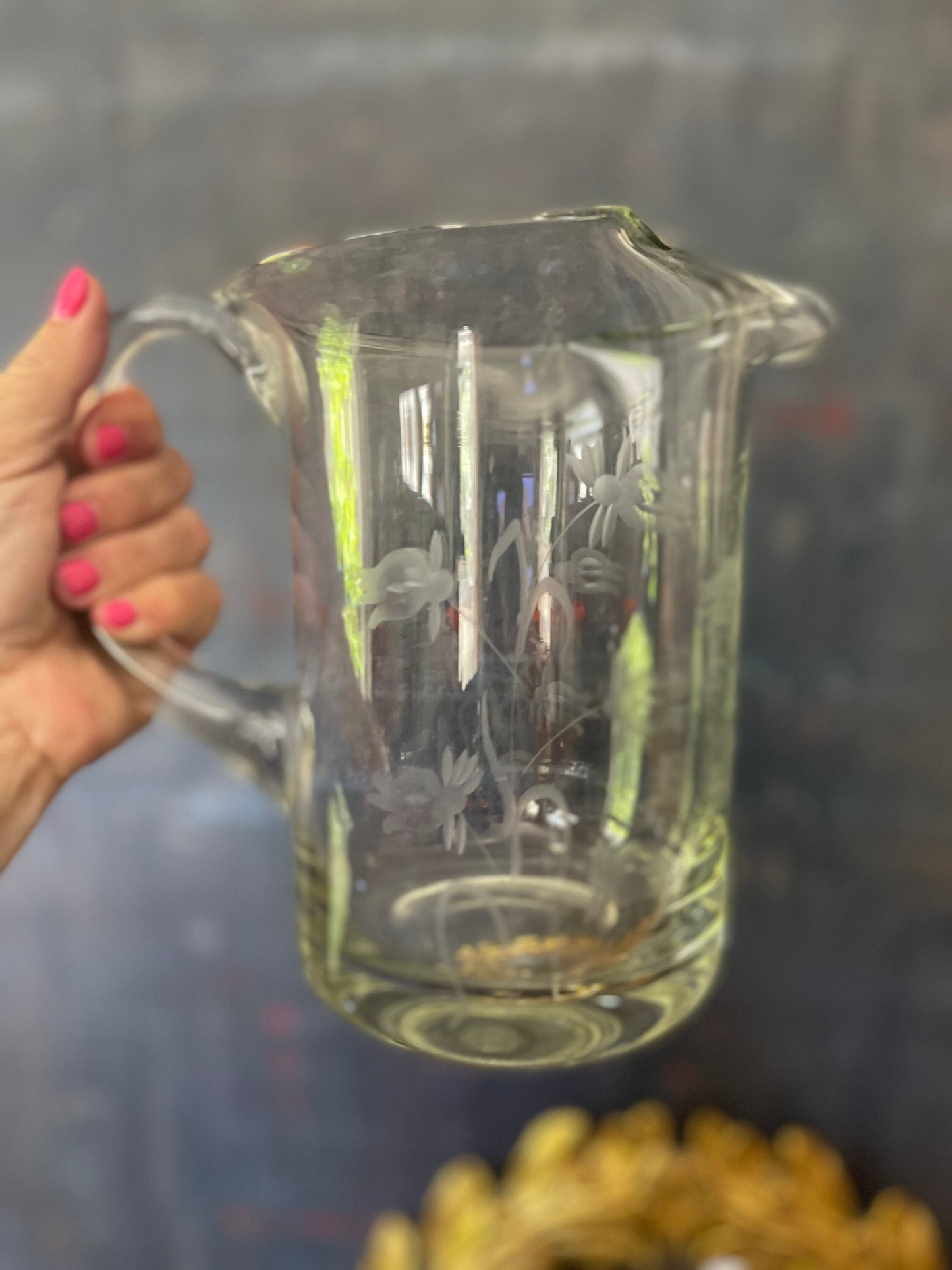 Vintage Handblown Glass Etched Pitcher