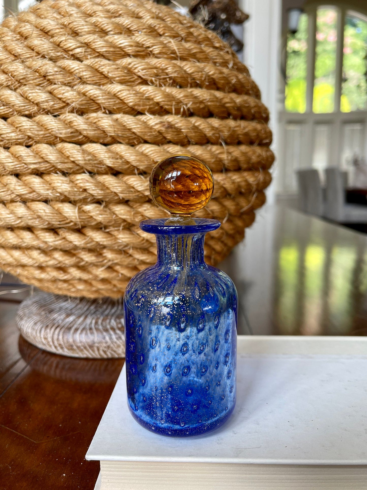 Vintage Blue Gold Speckled Murano Glass Decanter Bottle Italian Glass Art