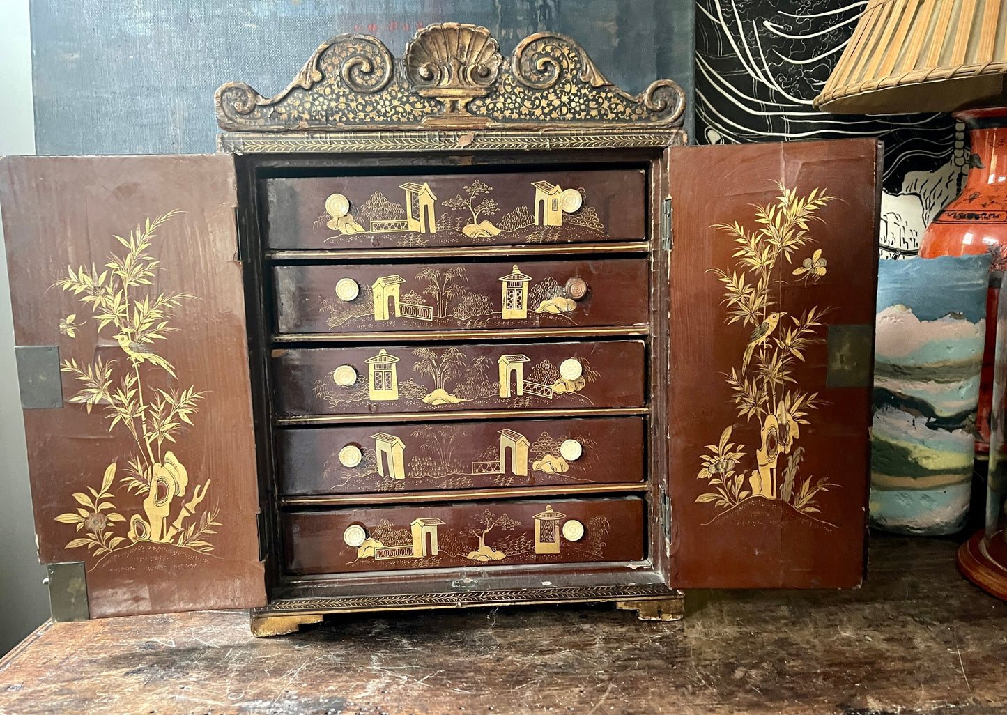 19th Century Chinese Export Lacquer Table Cabinet Qing Period