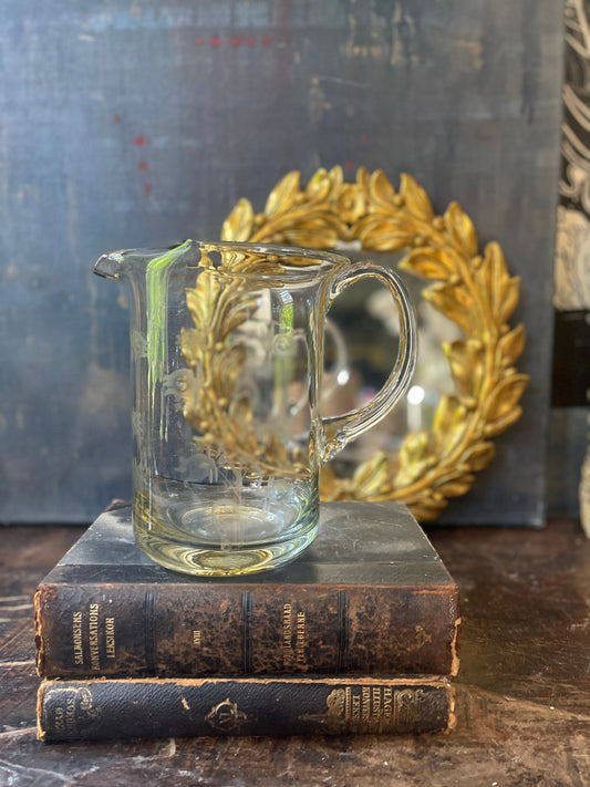 Vintage Handblown Glass Etched Pitcher