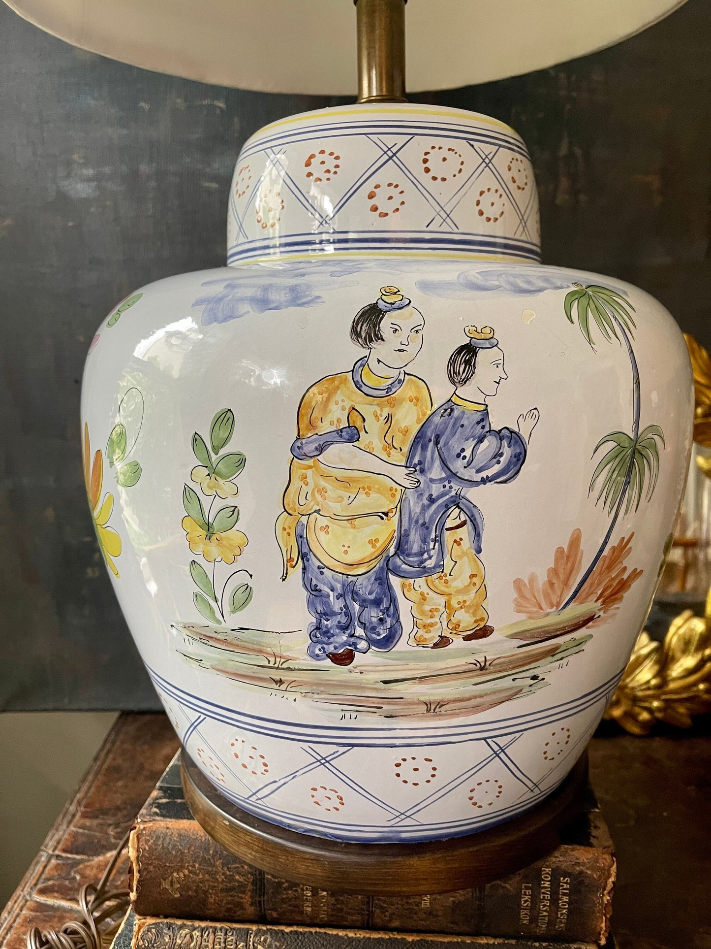 Vintage Oversized Italian Ceramic Lamp by Frederick Cooper depicting Asian Scene