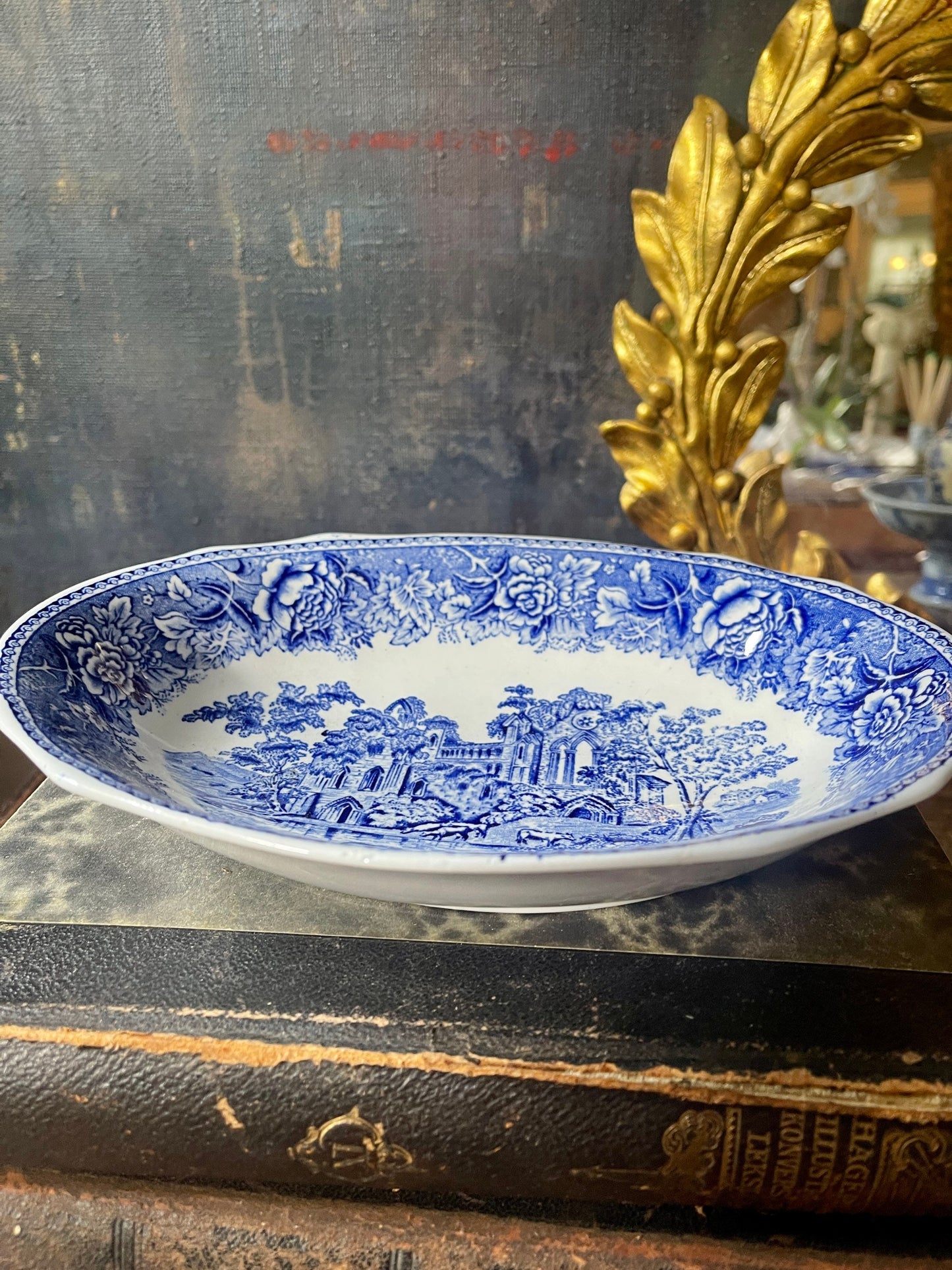 Vintage Blue and White Arabia of Finland Oval Serving Bowl Staffordshire Chic