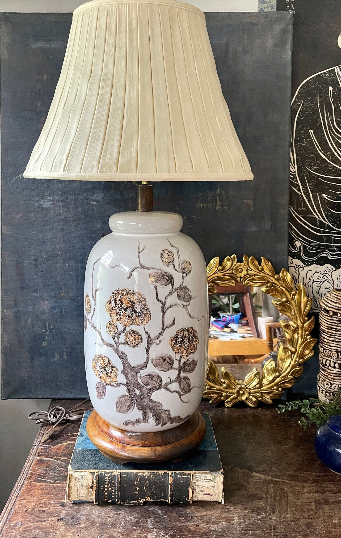 Vintage Oversized Stoneware Asian Lamp Neutrals