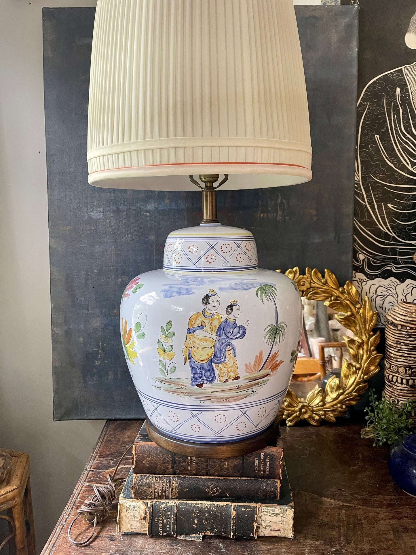 Vintage Oversized Italian Ceramic Lamp by Frederick Cooper depicting Asian Scene