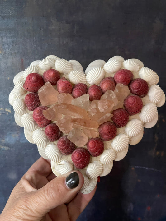 Heart Shaped Box with Shells and Pink Quartz Artist Signed