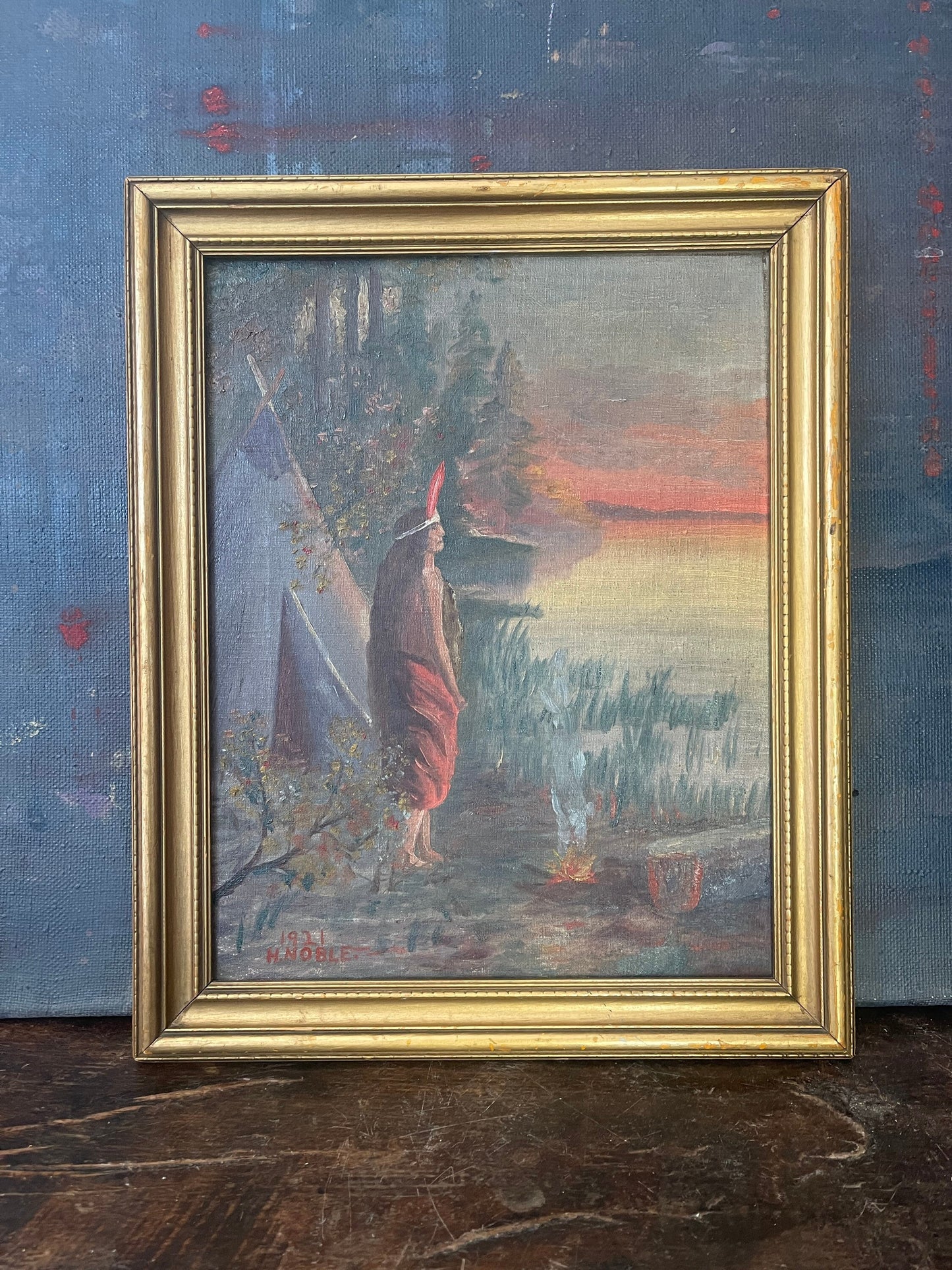 1921 Acrylic Painting of Native American Signed H. Noble