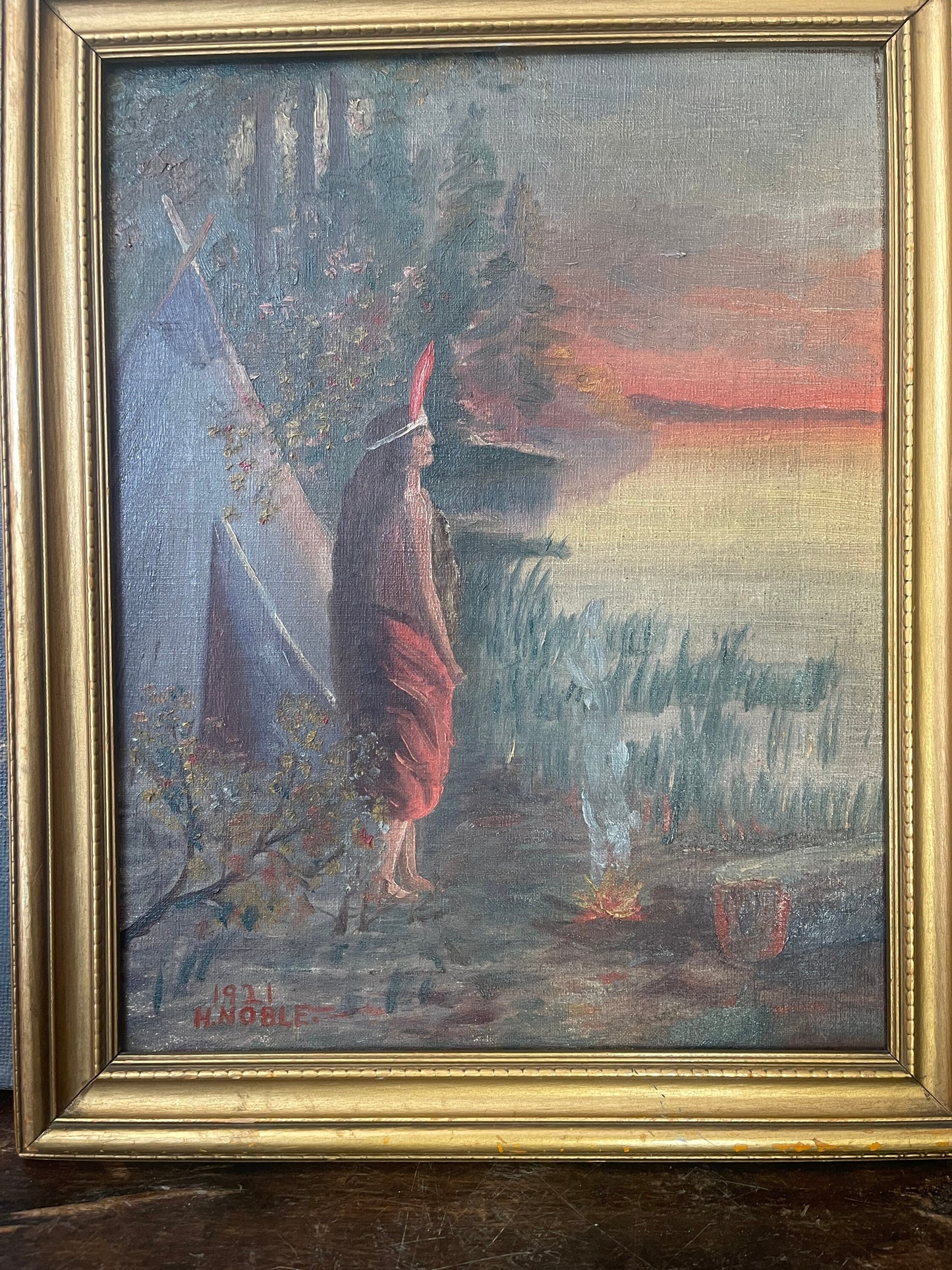 1921 Acrylic Painting of Native American Signed H. Noble