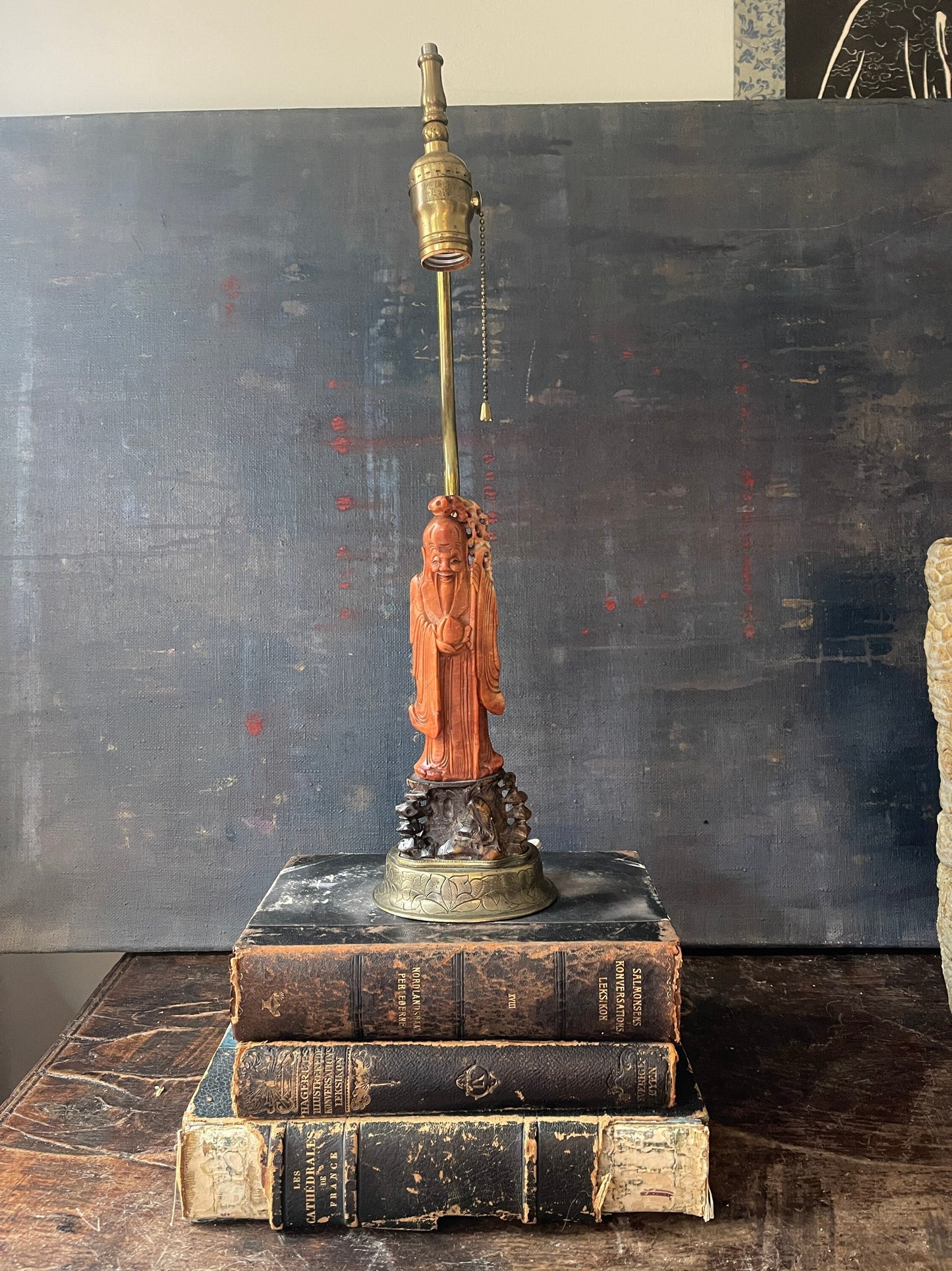 Late 19th Century Red Soapstone Deity Lamp