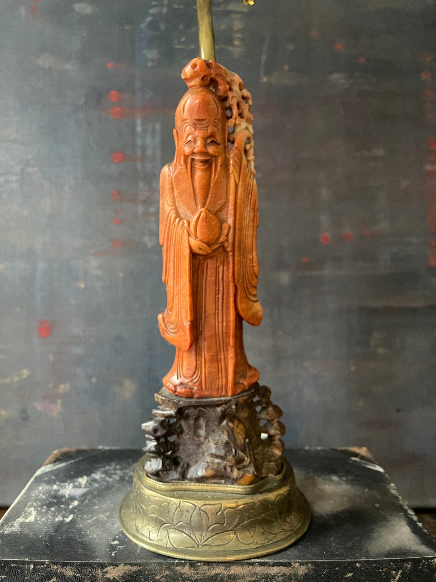 Late 19th Century Red Soapstone Deity Lamp