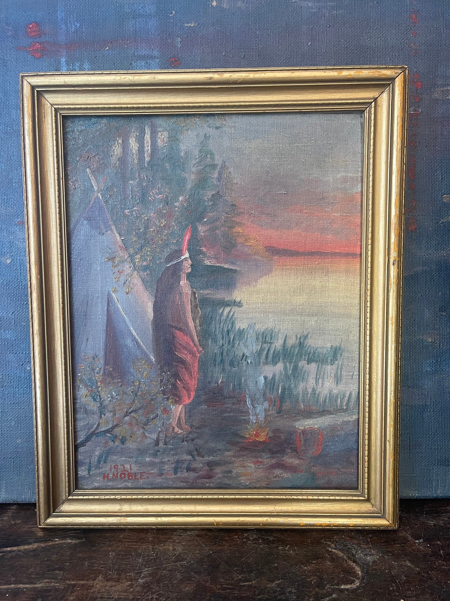 1921 Acrylic Painting of Native American Signed H. Noble