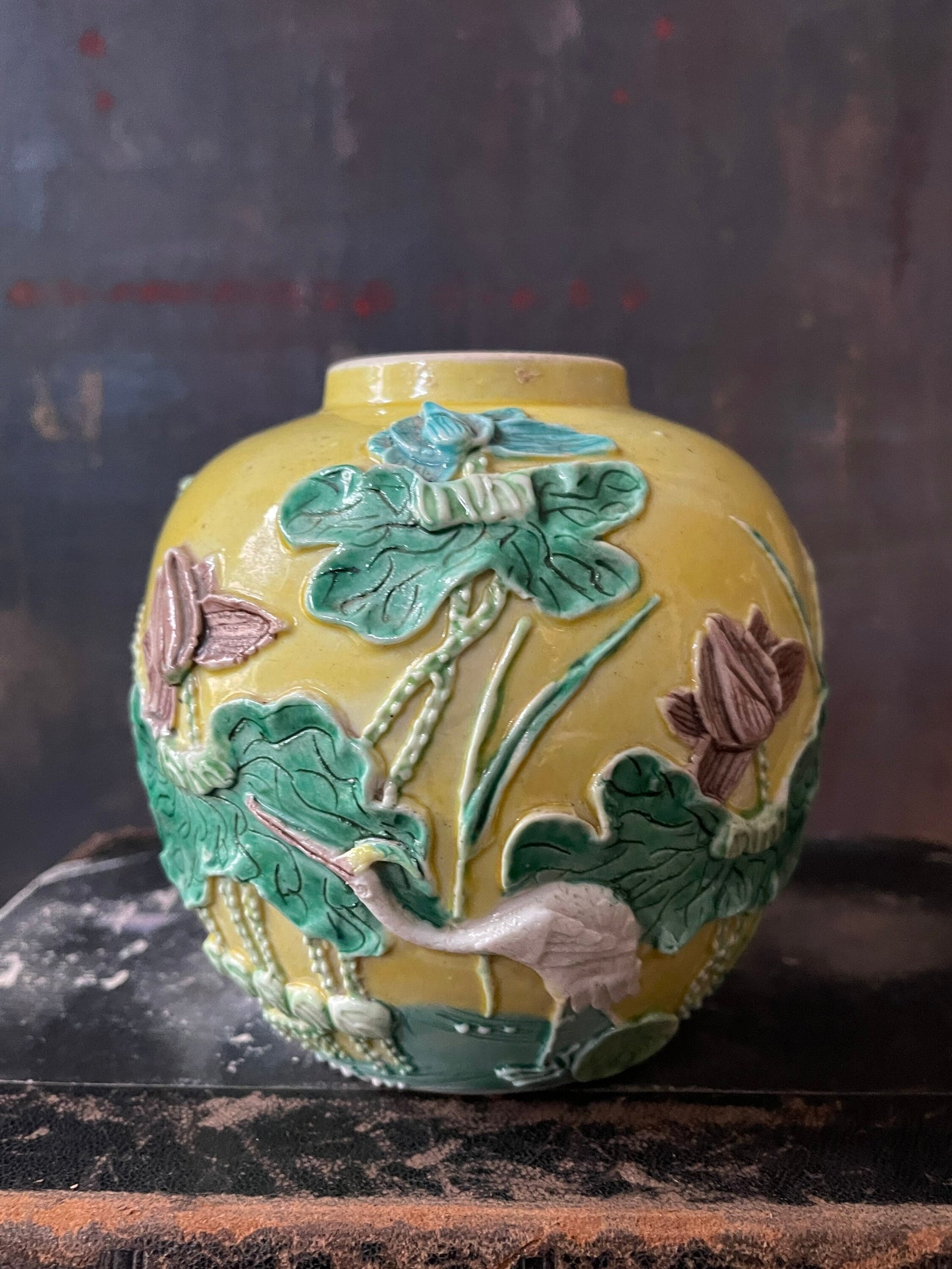 Antique Yellow Asian Majolica Vase Grand Millennial