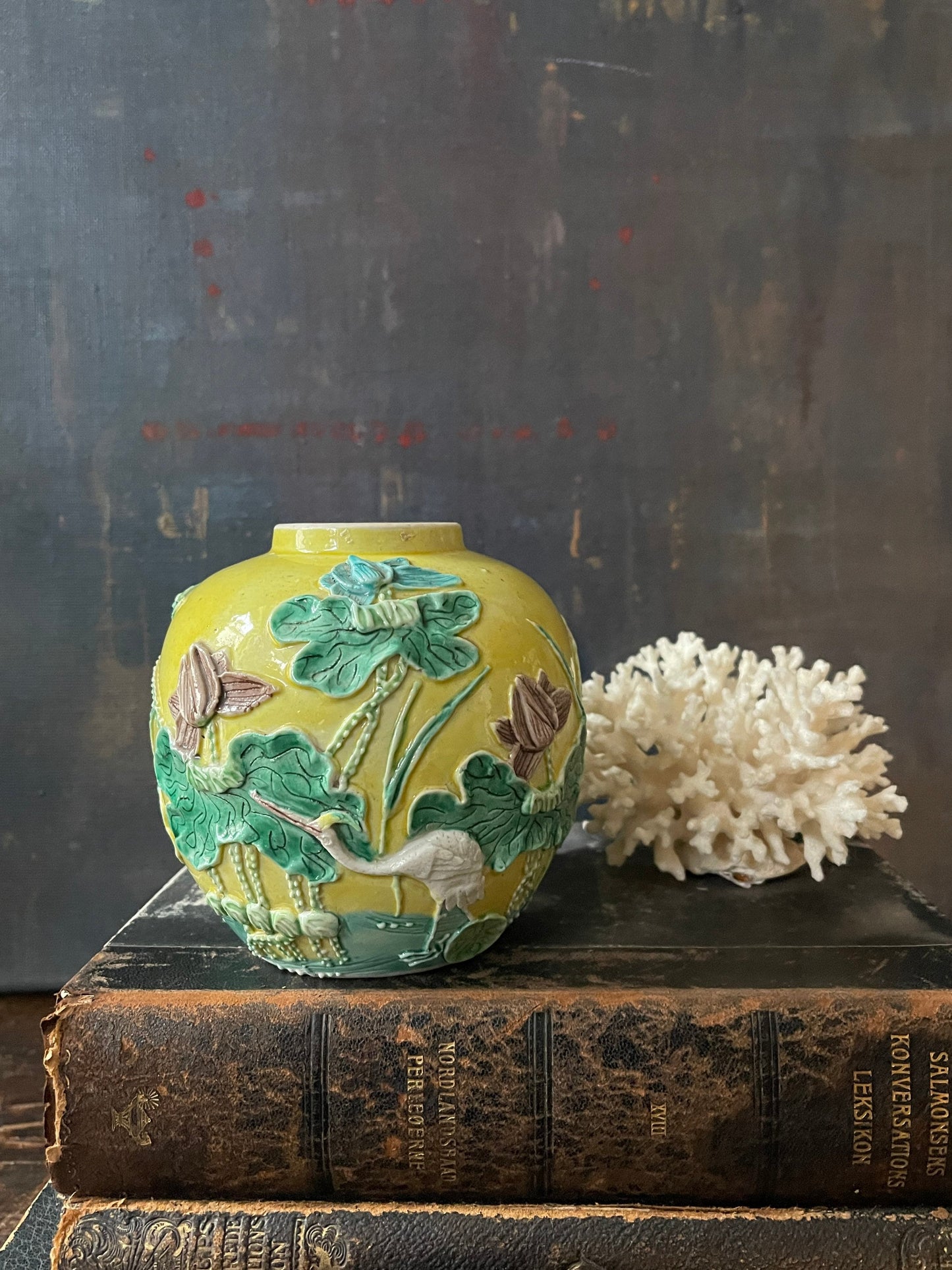 Antique Yellow Asian Majolica Vase Grand Millennial