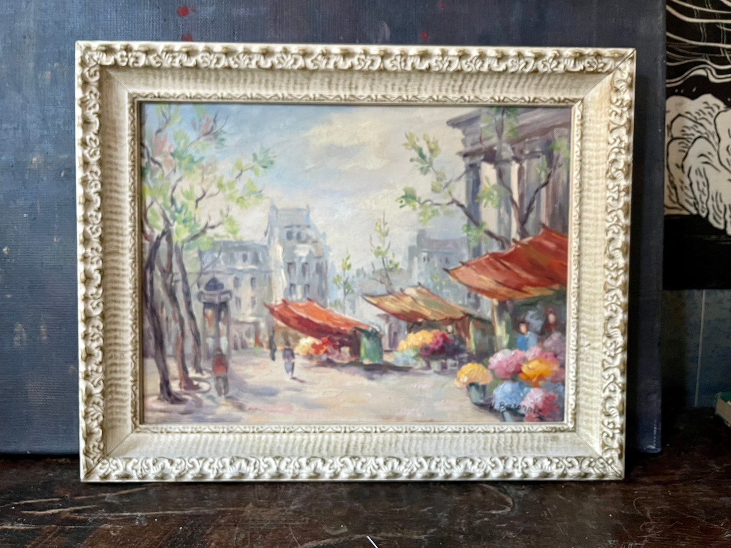 MCM French Flower Market Framed Painting Street Scene Artist Signed