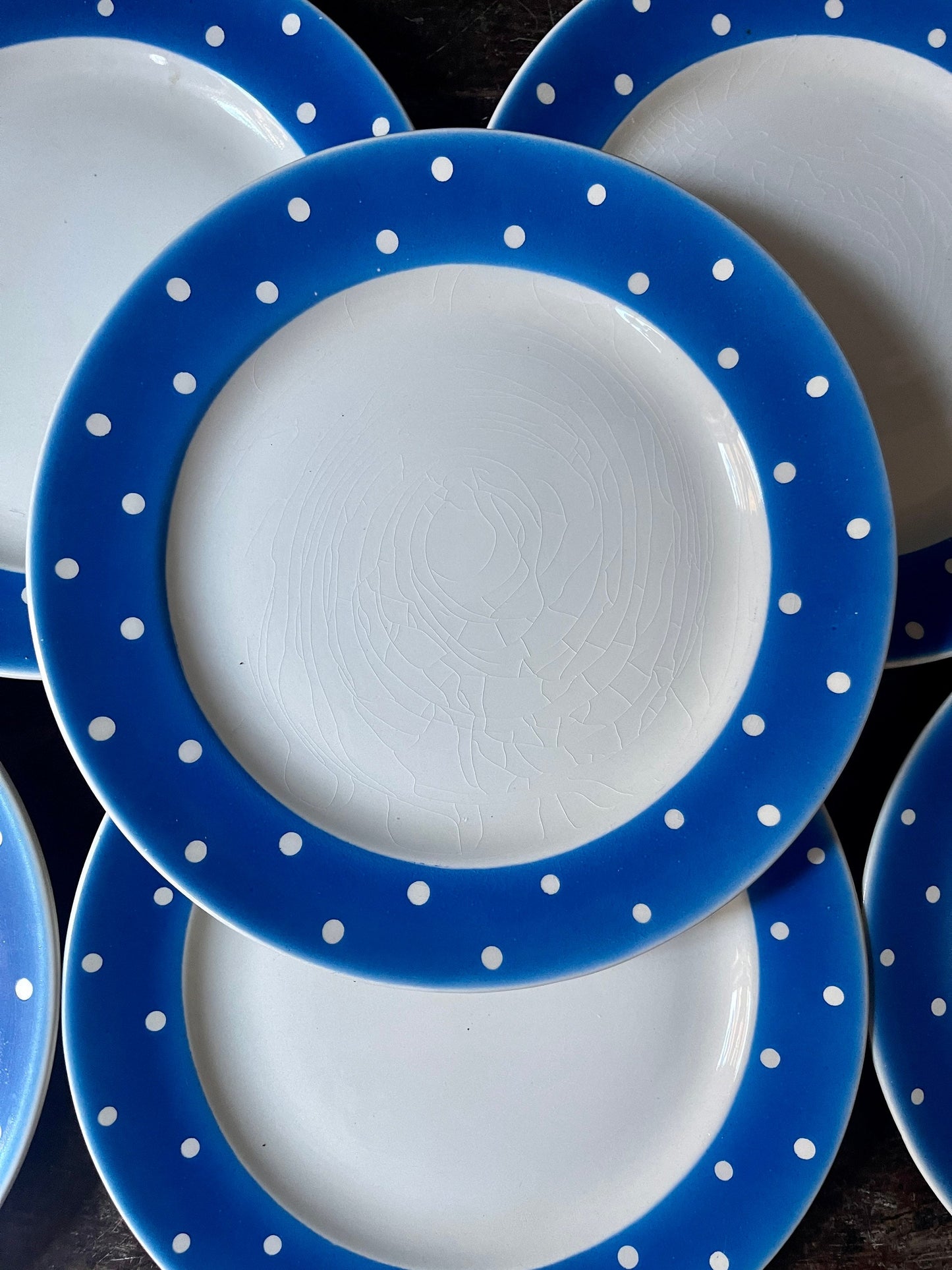 Set of Six (6) Swedish Gefle Blue and White Polka Dot Plates in Amanita Scandinavian Decor