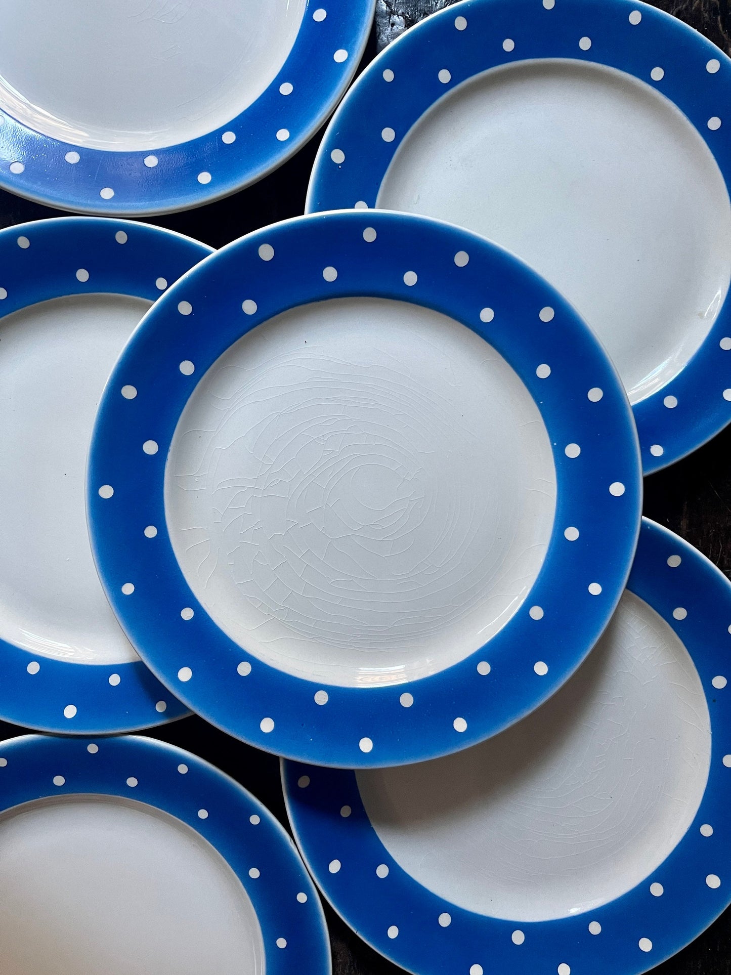 Set of Six (6) Swedish Gefle Blue and White Polka Dot Plates in Amanita Scandinavian Decor