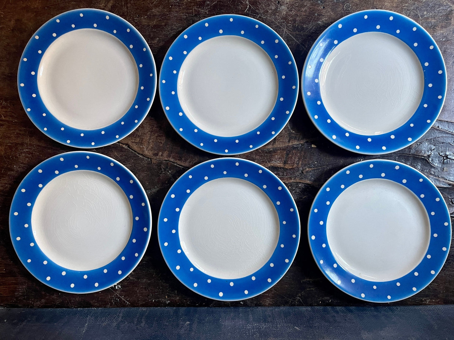 Set of Six (6) Swedish Gefle Blue and White Polka Dot Plates in Amanita Scandinavian Decor