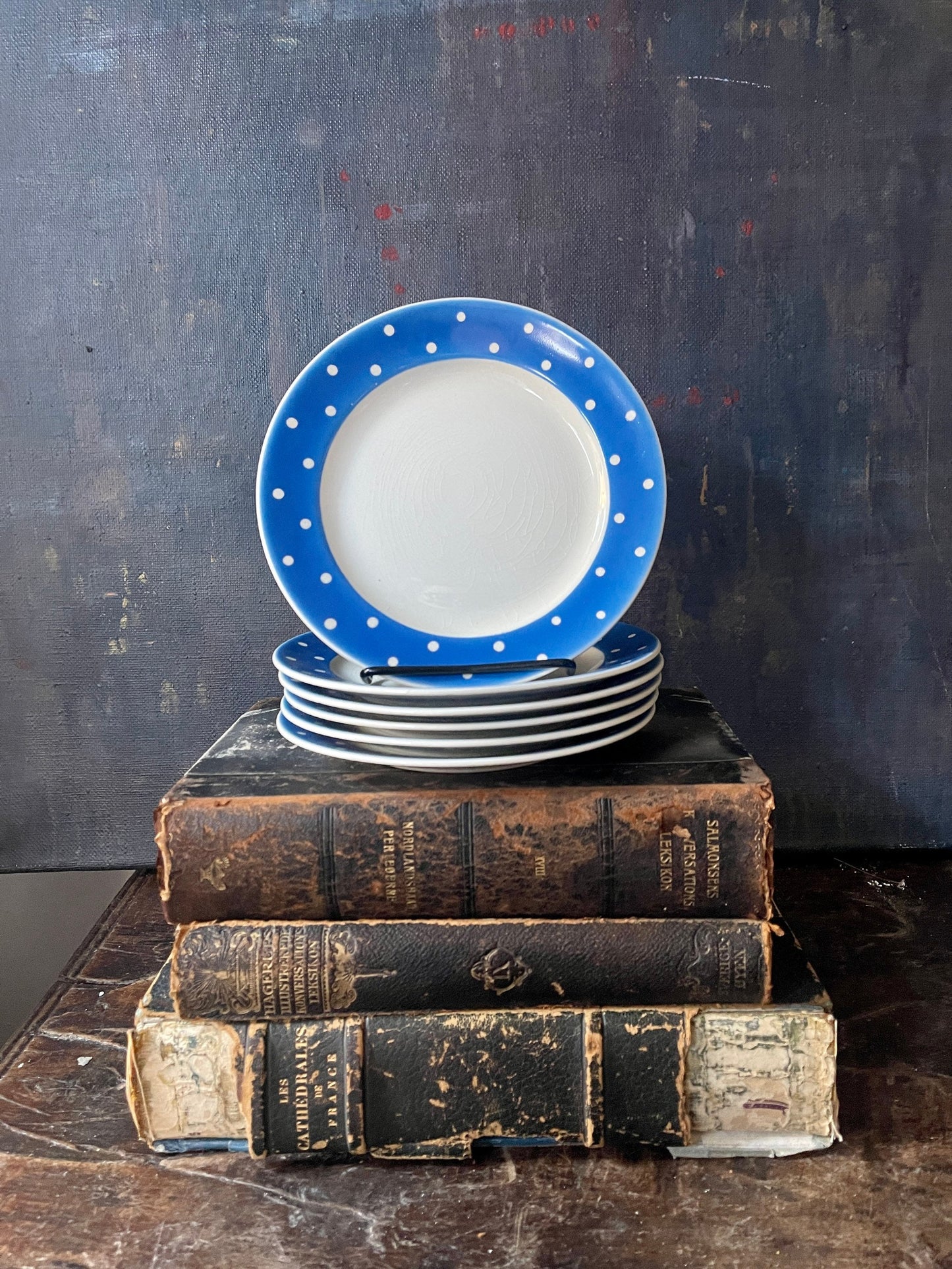 Set of Six (6) Swedish Gefle Blue and White Polka Dot Plates in Amanita Scandinavian Decor