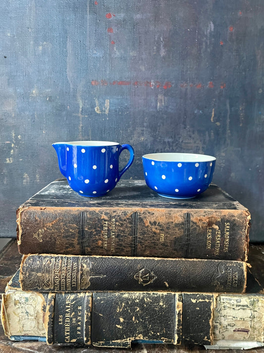 Blue and White Polka Dot Swedish Creamer and Sugar Bowl Gefle Amanita