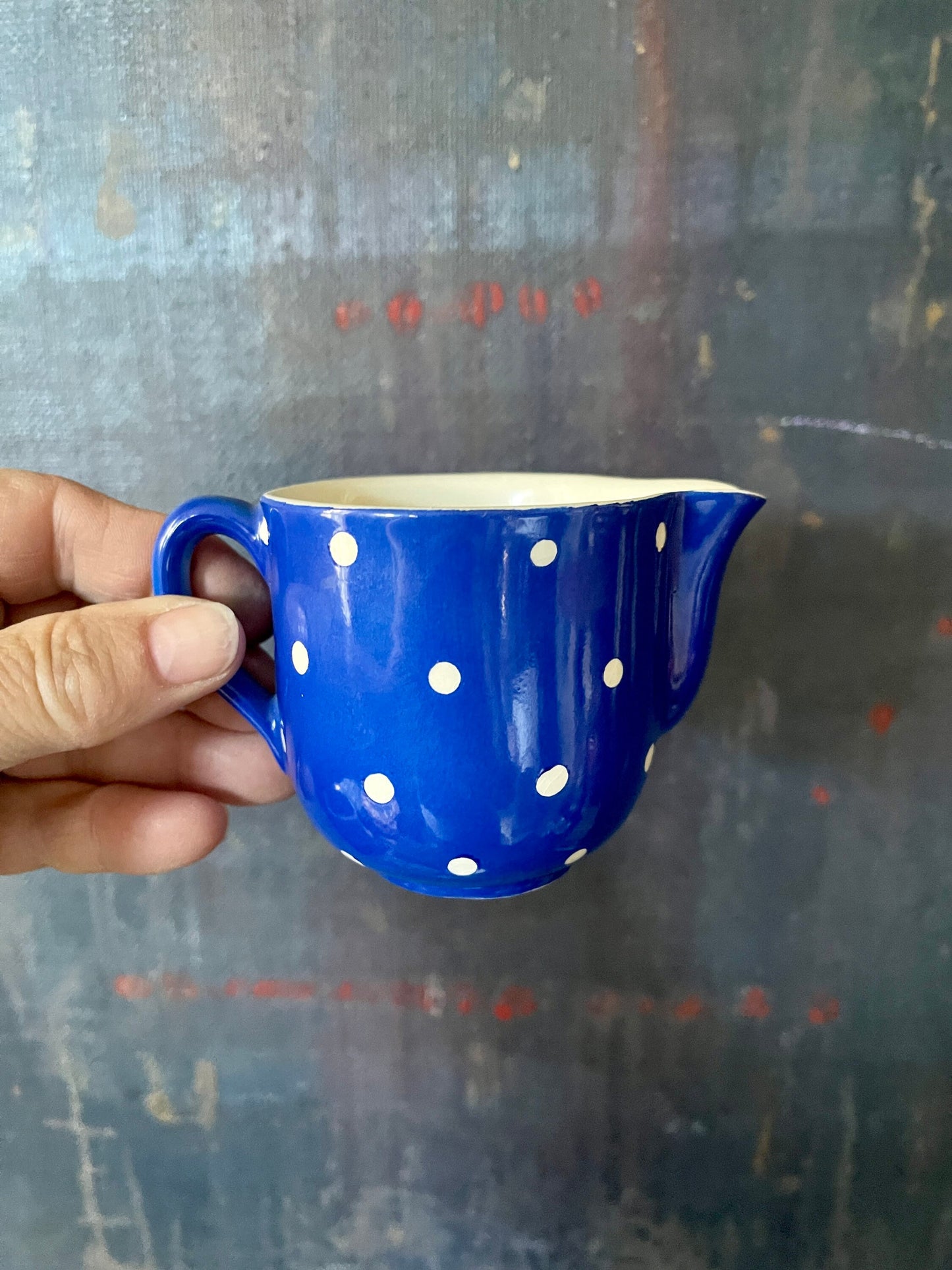 Blue and White Polka Dot Swedish Creamer and Sugar Bowl Gefle Amanita